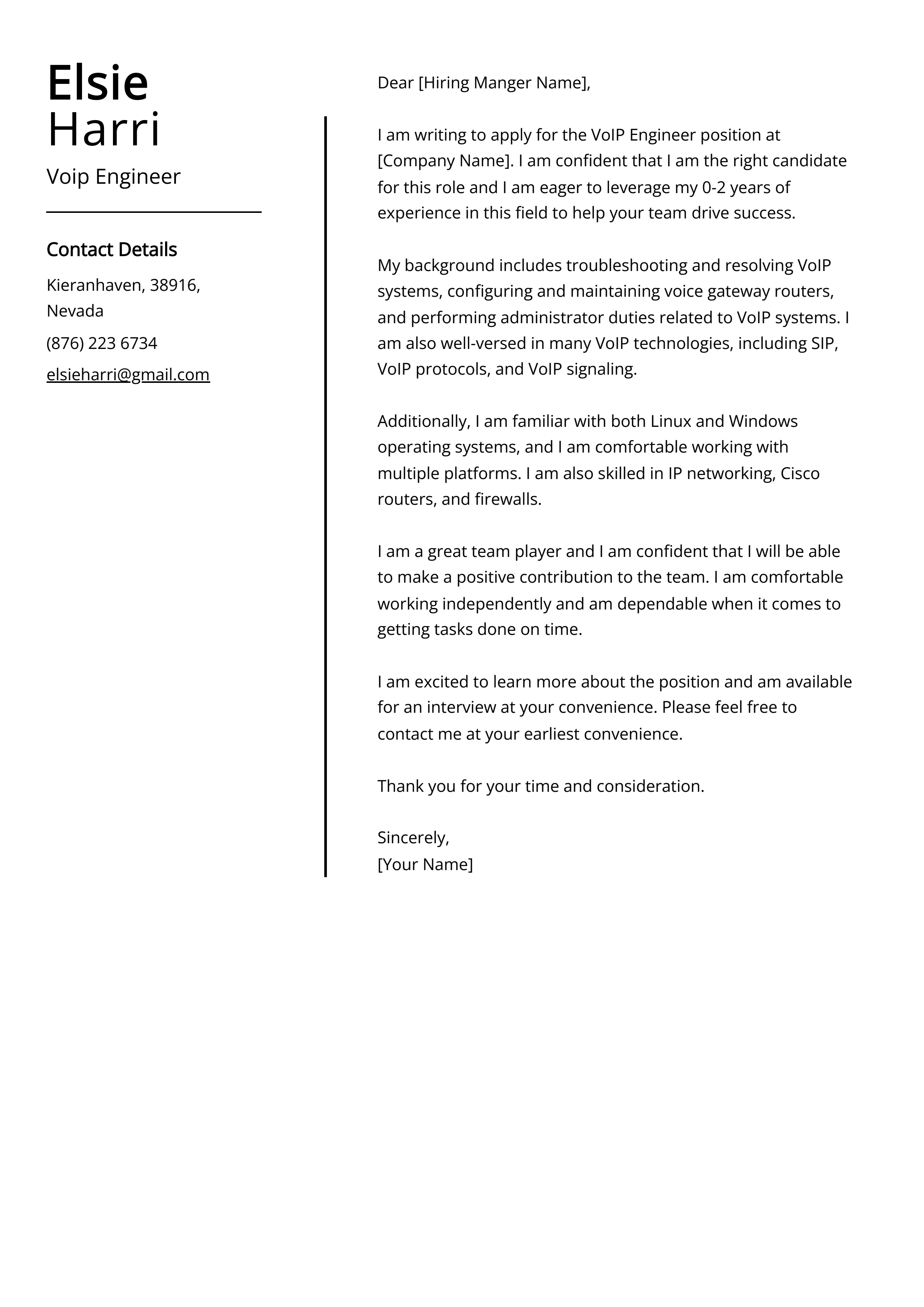 Voip Engineer Cover Letter Example