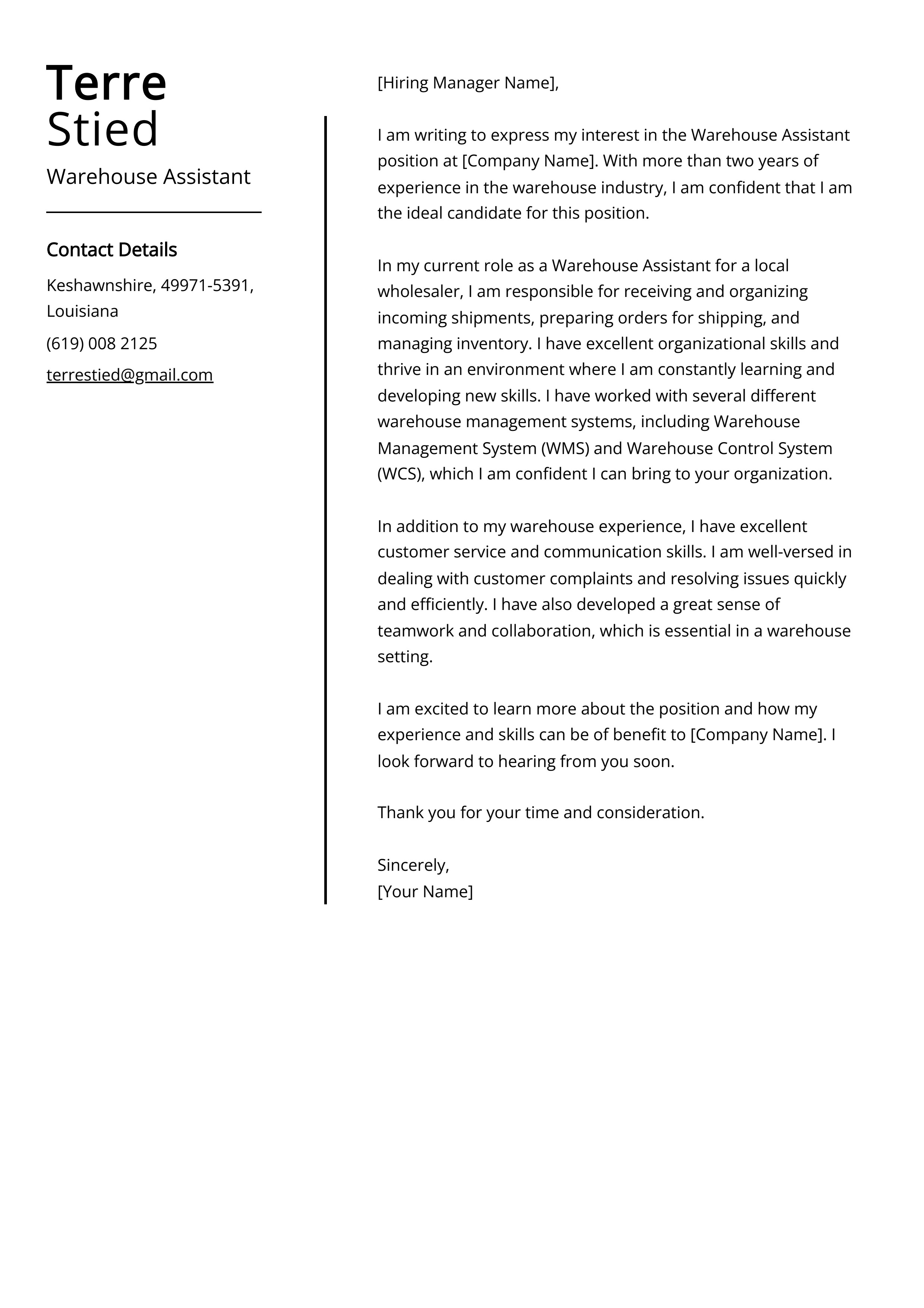 Warehouse Assistant Cover Letter Example