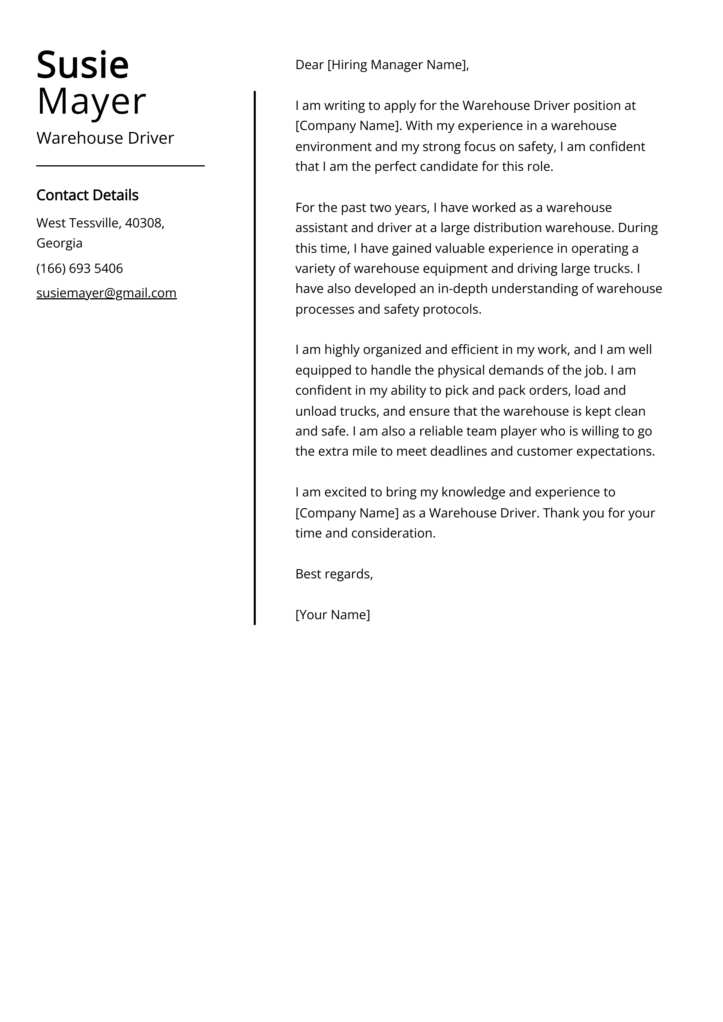 Warehouse Driver Cover Letter Example
