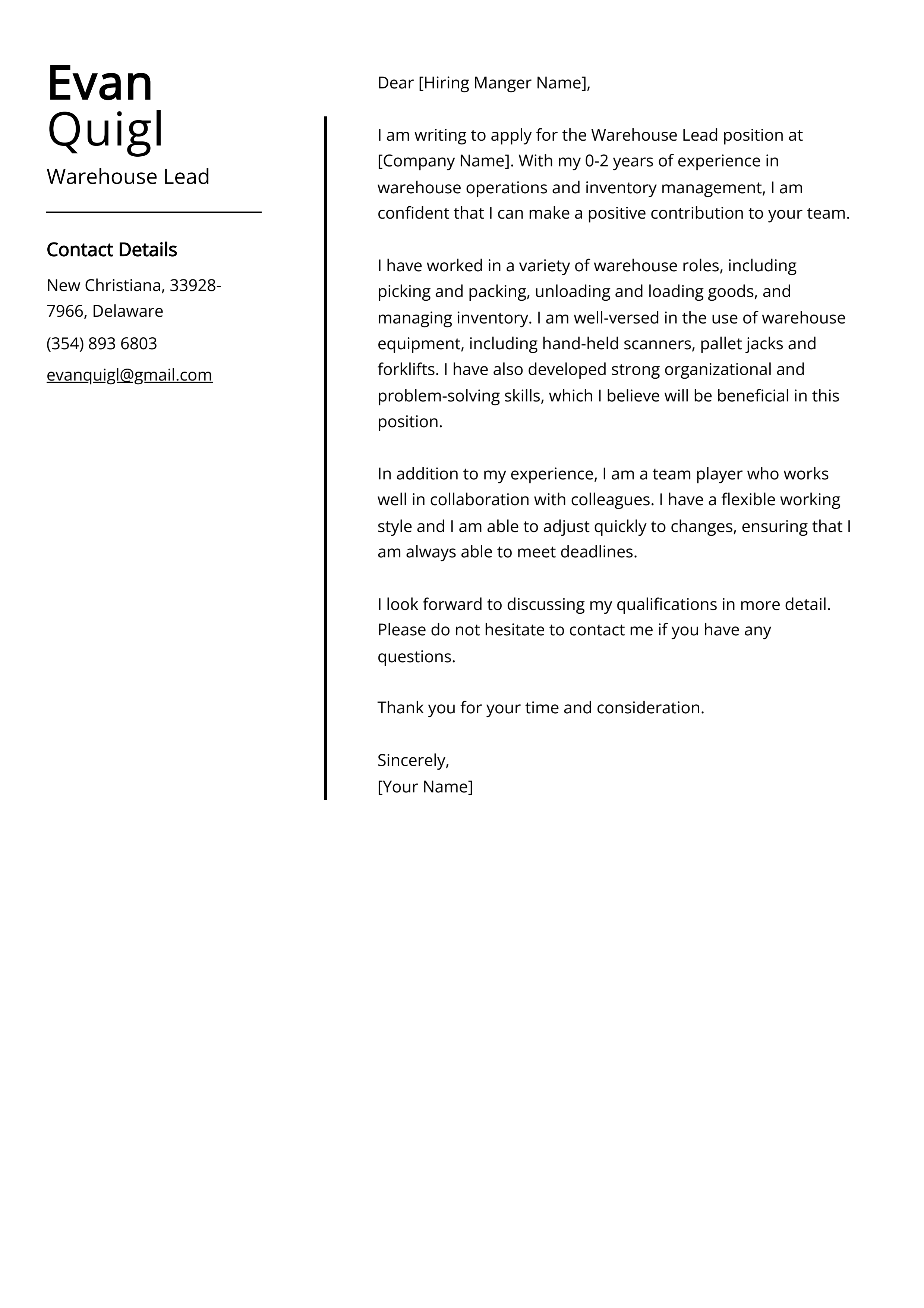 Warehouse Lead Cover Letter Example