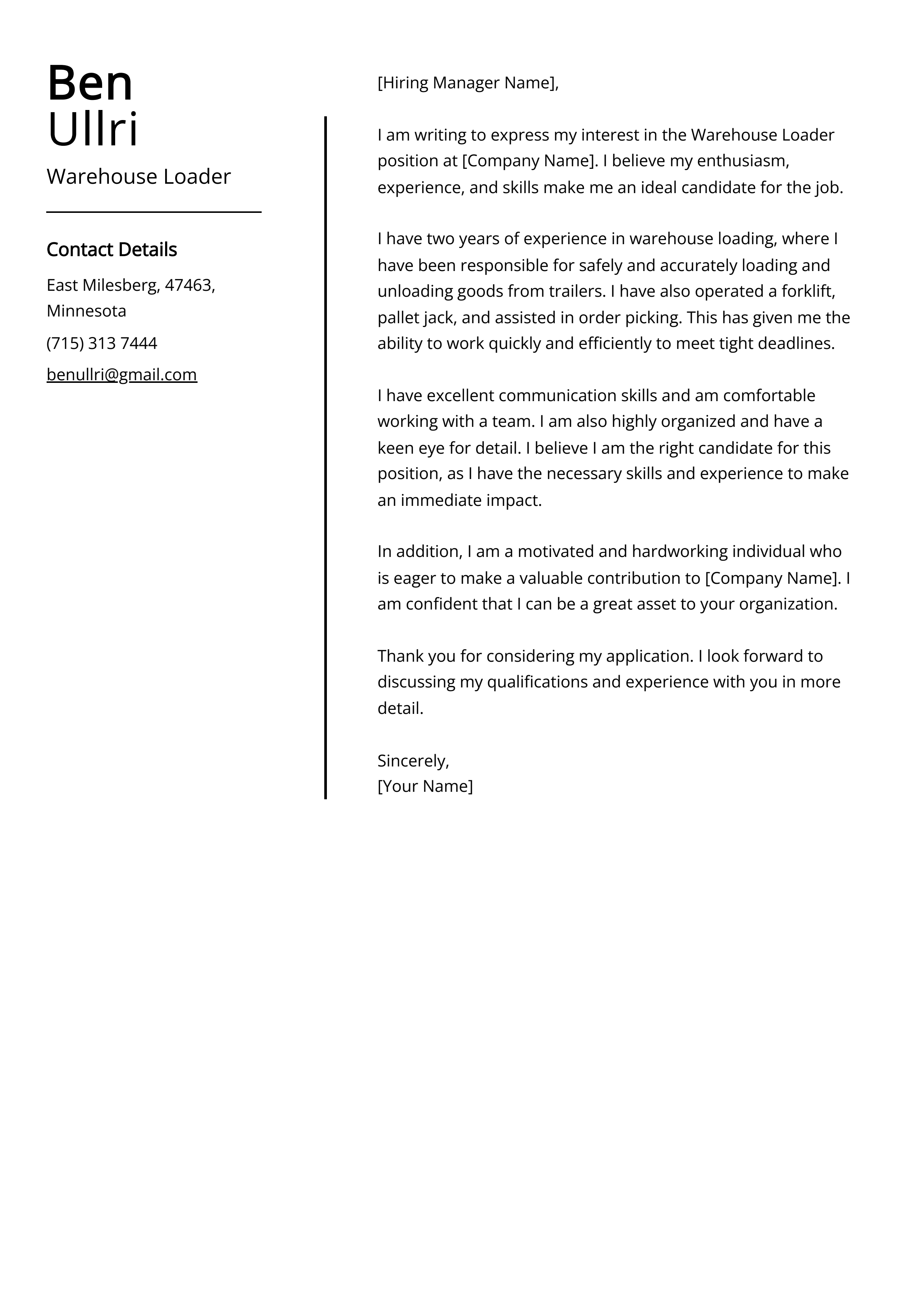 Warehouse Loader Cover Letter Example