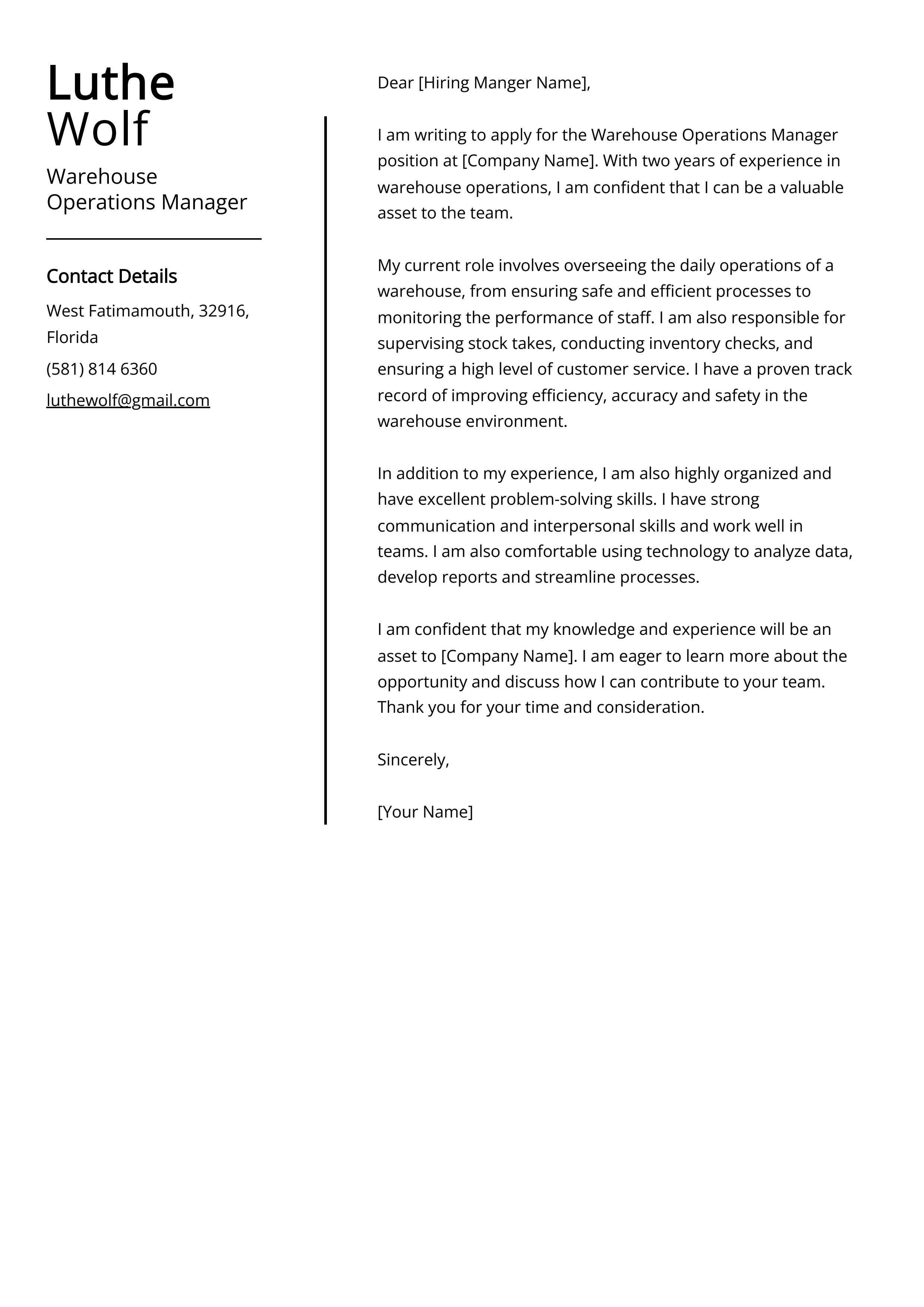 Warehouse Operations Manager Cover Letter Example