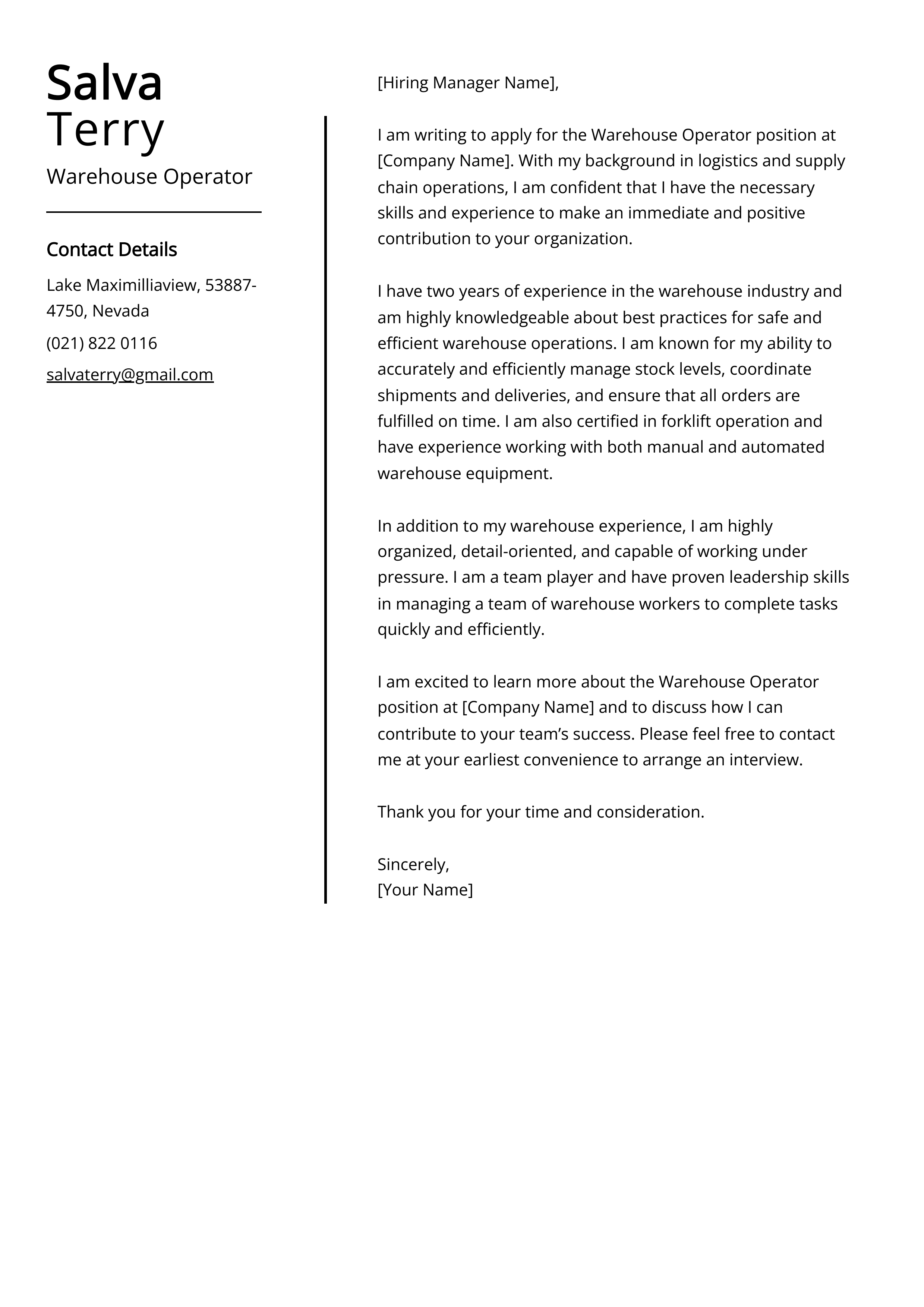 Warehouse Operator Cover Letter Example