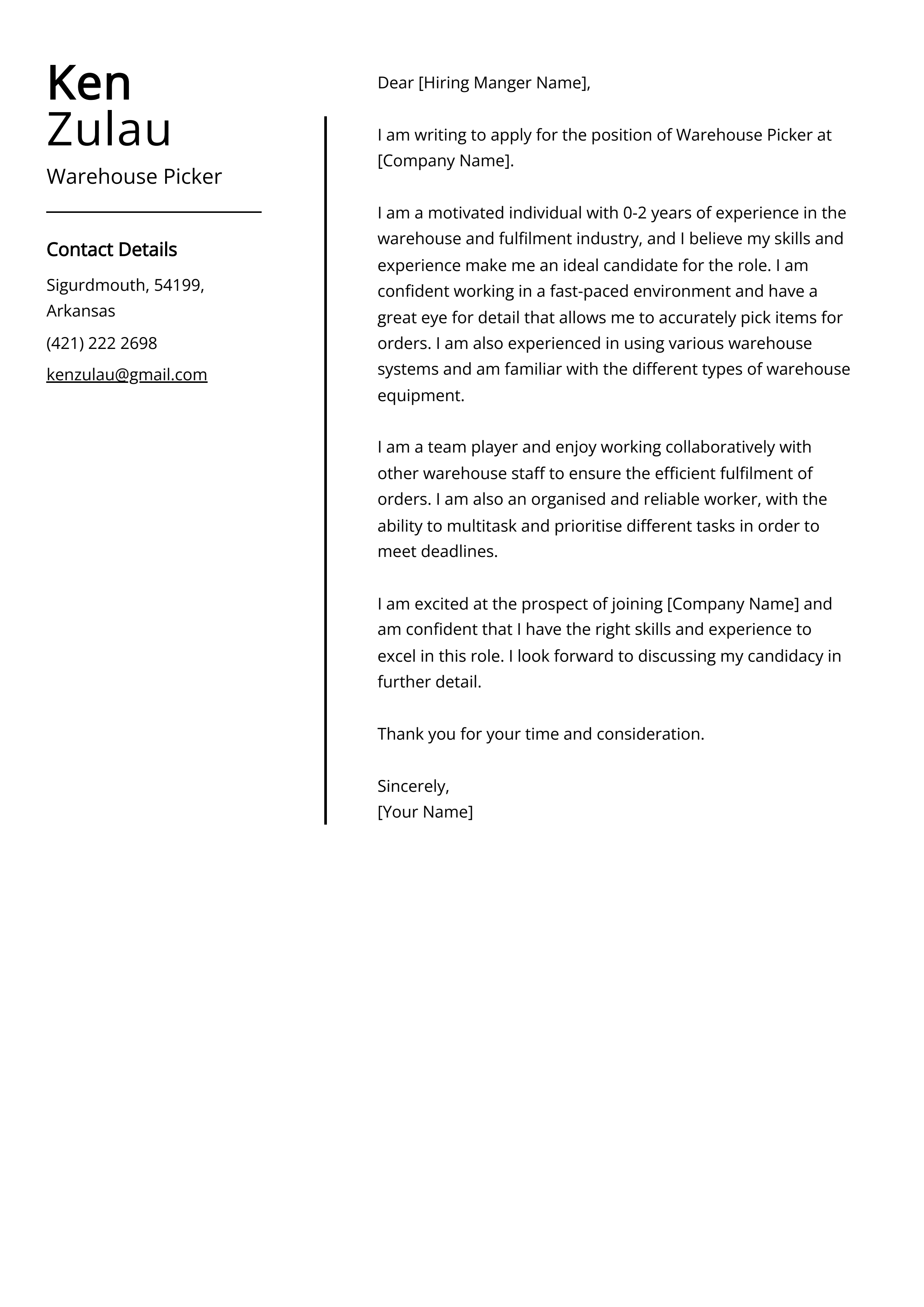 Warehouse Picker Cover Letter Example
