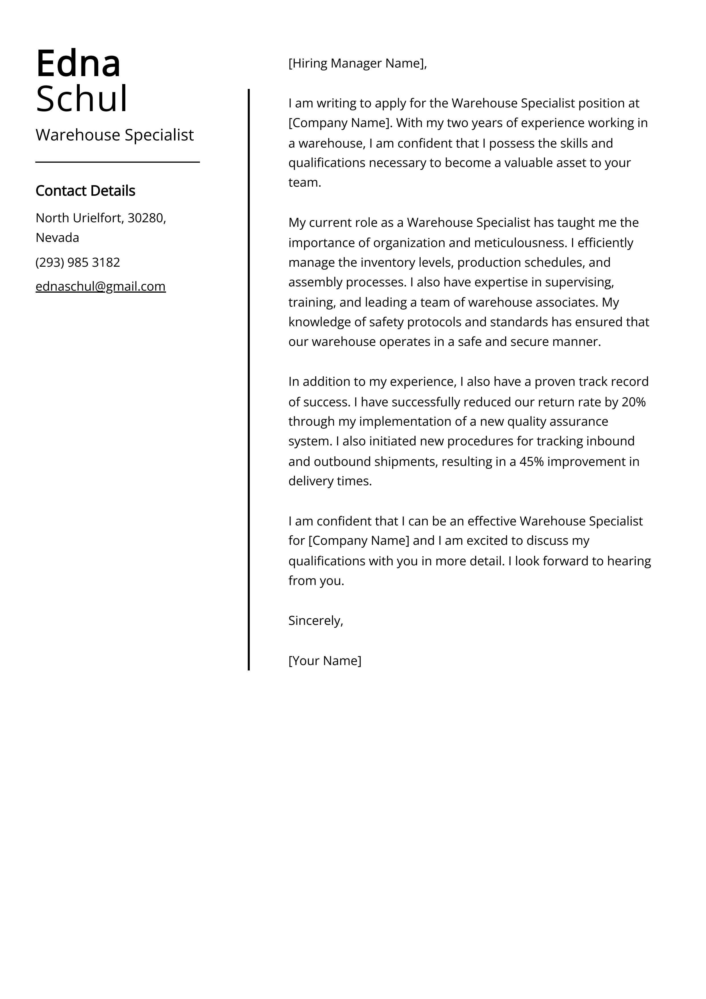 Warehouse Specialist Cover Letter Example
