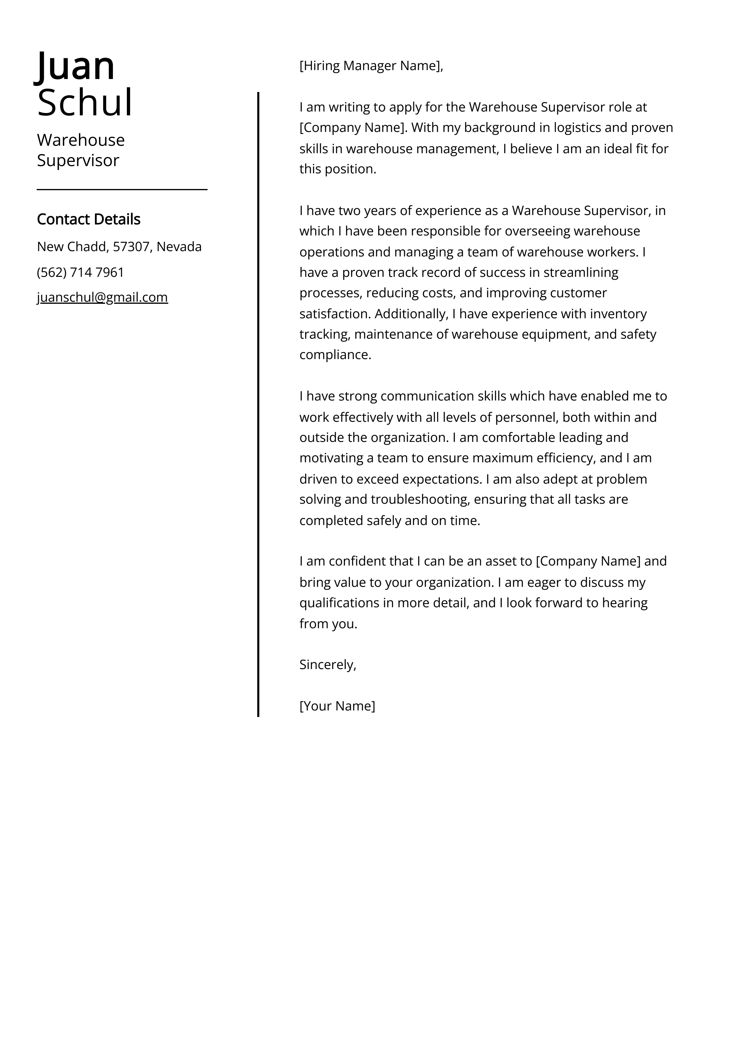 Warehouse Supervisor Cover Letter Example