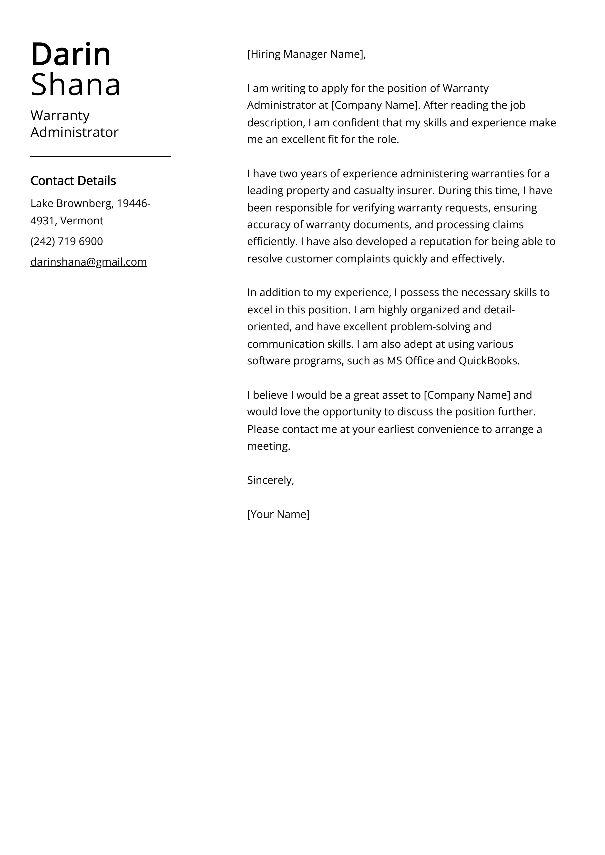 Warranty Administrator Cover Letter Example