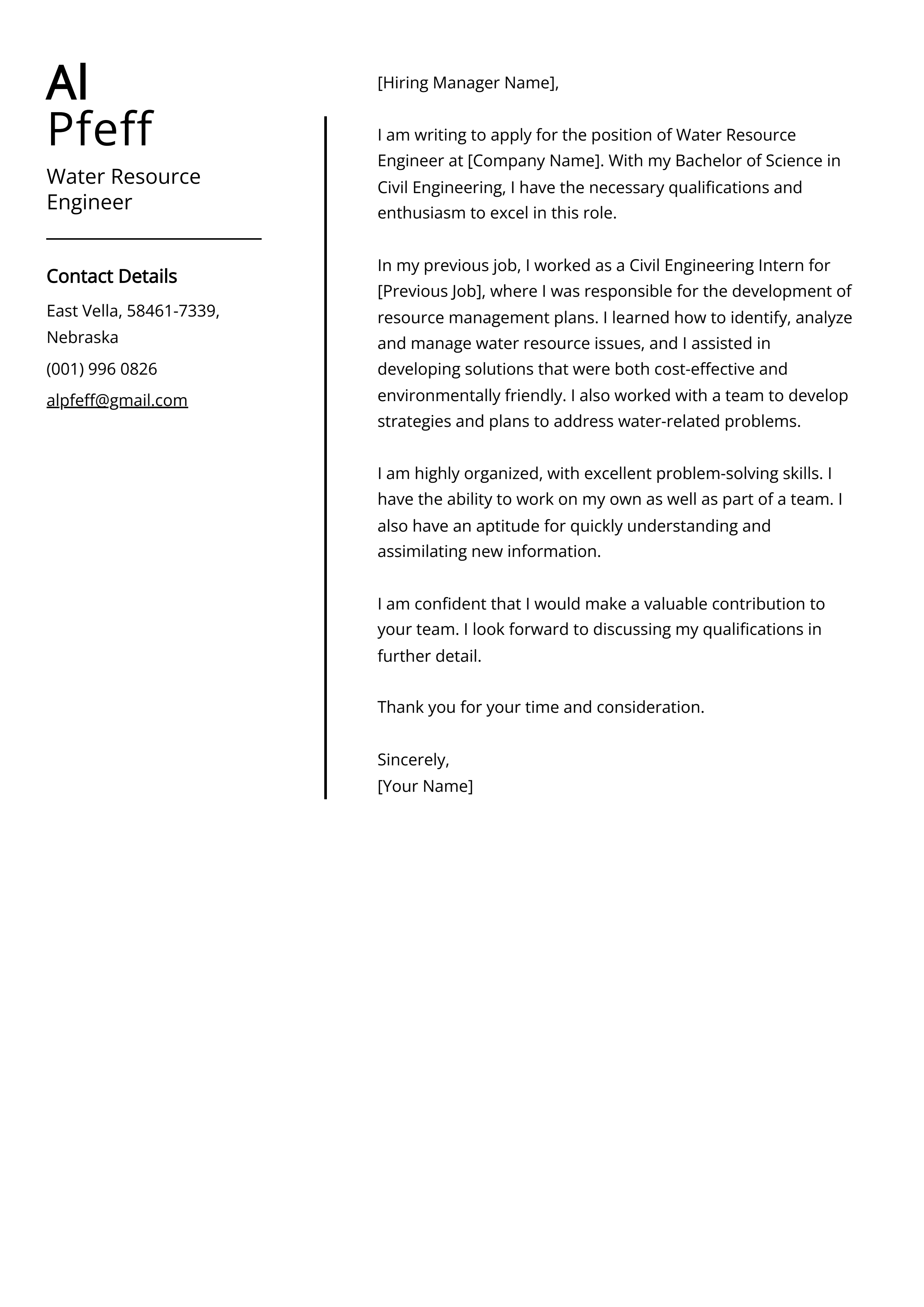 Water Resource Engineer Cover Letter Example