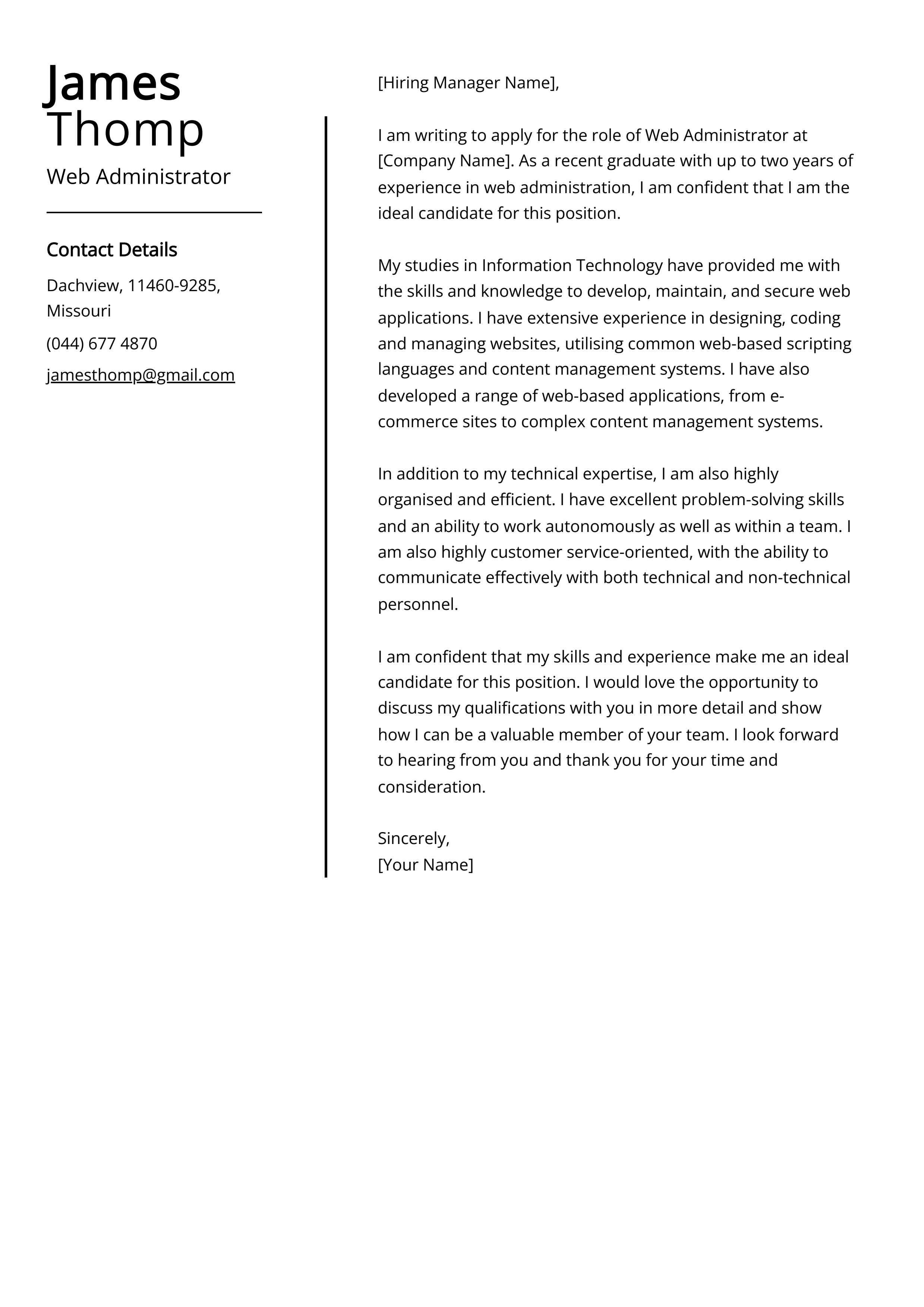 Web Administrator Cover Letter Example