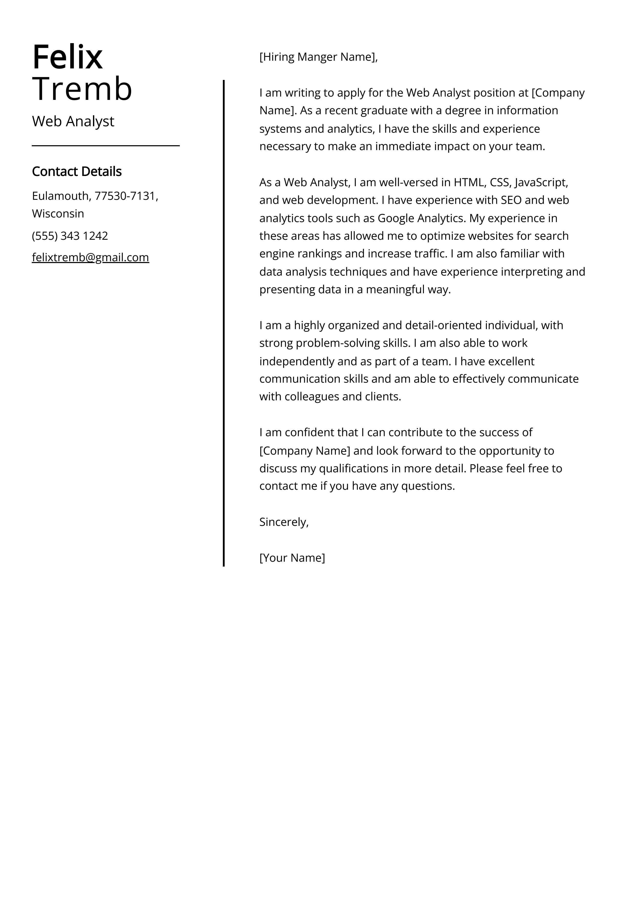 Web Analyst Cover Letter Example