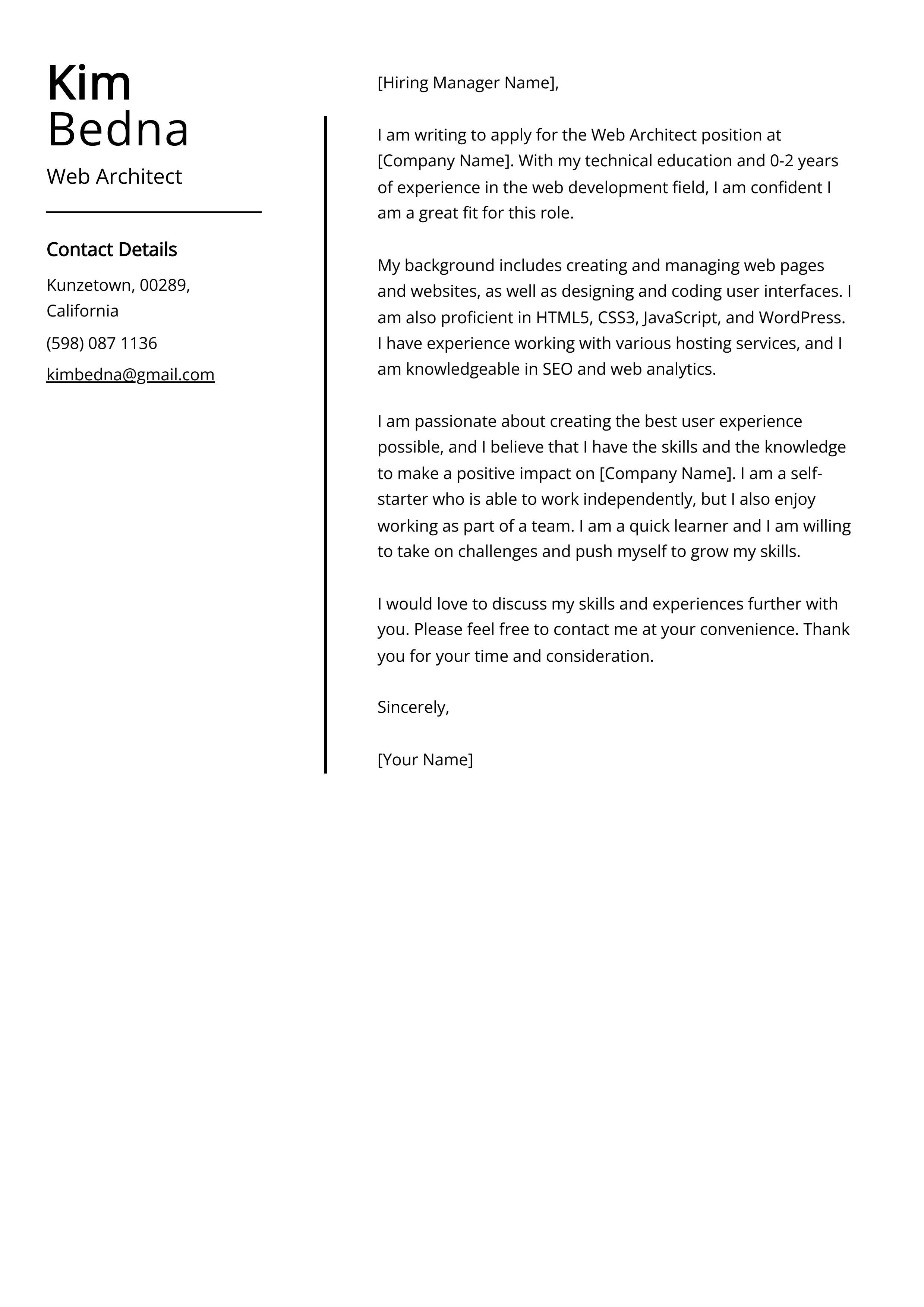 Web Architect Cover Letter Example