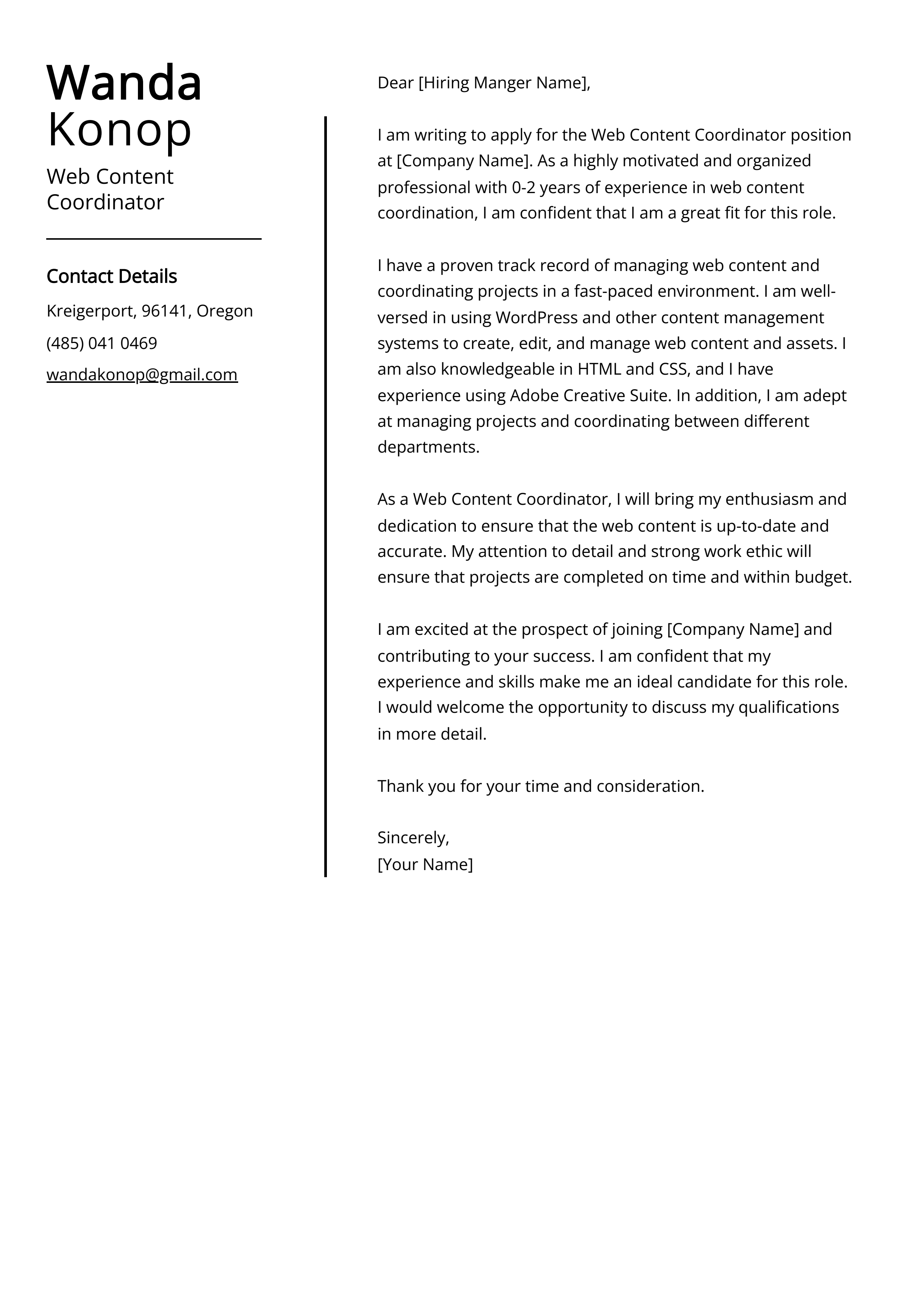 Web Content Coordinator Cover Letter Example