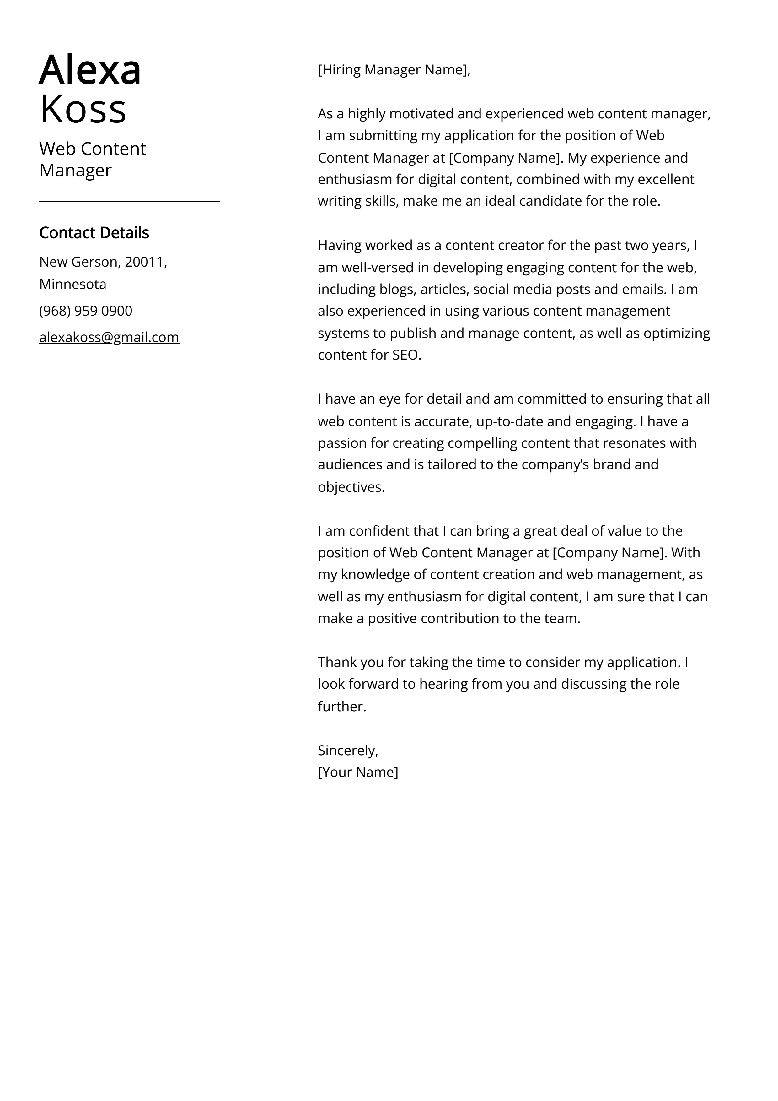 Web Content Manager Cover Letter Example