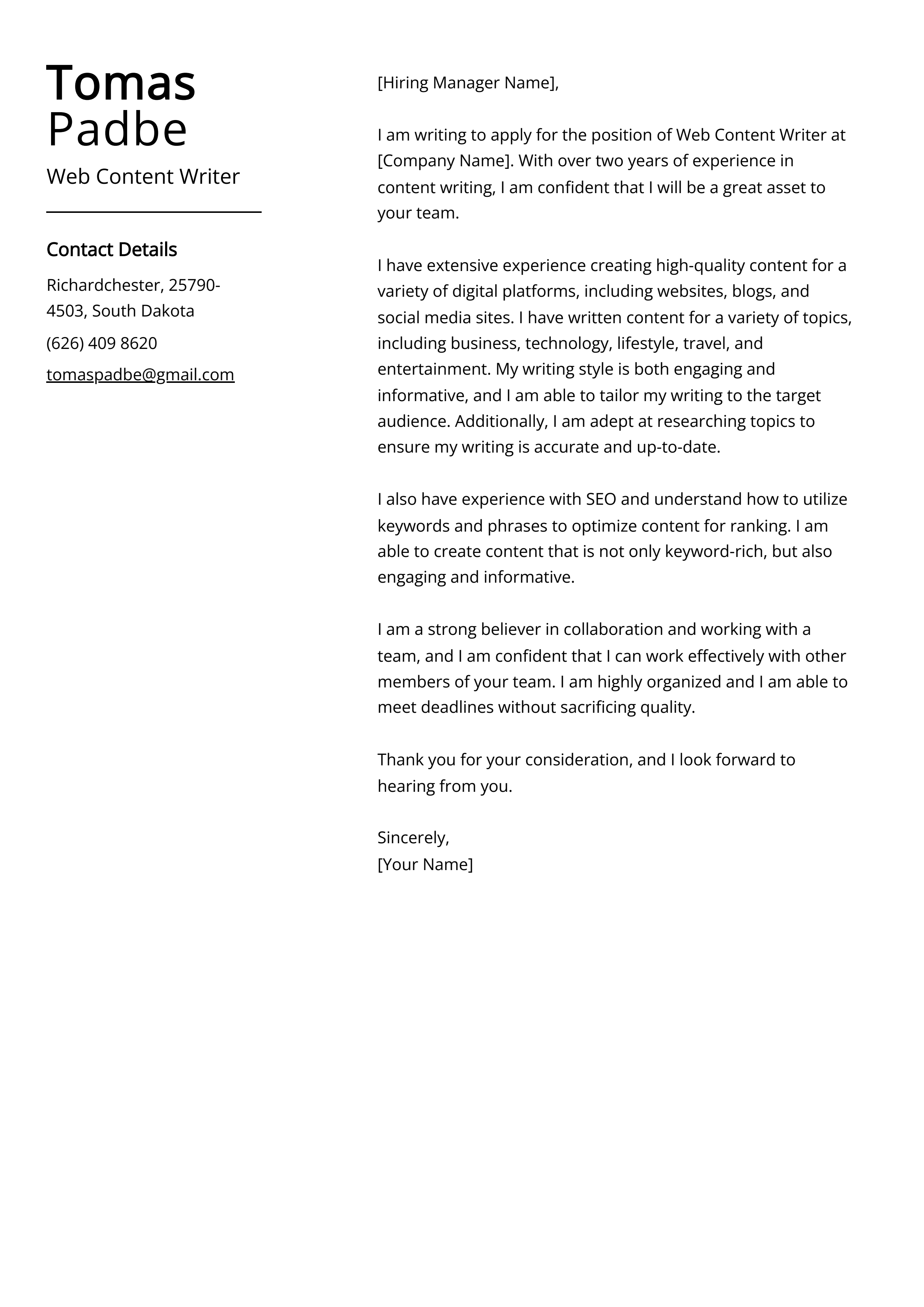 Web Content Writer Cover Letter Example