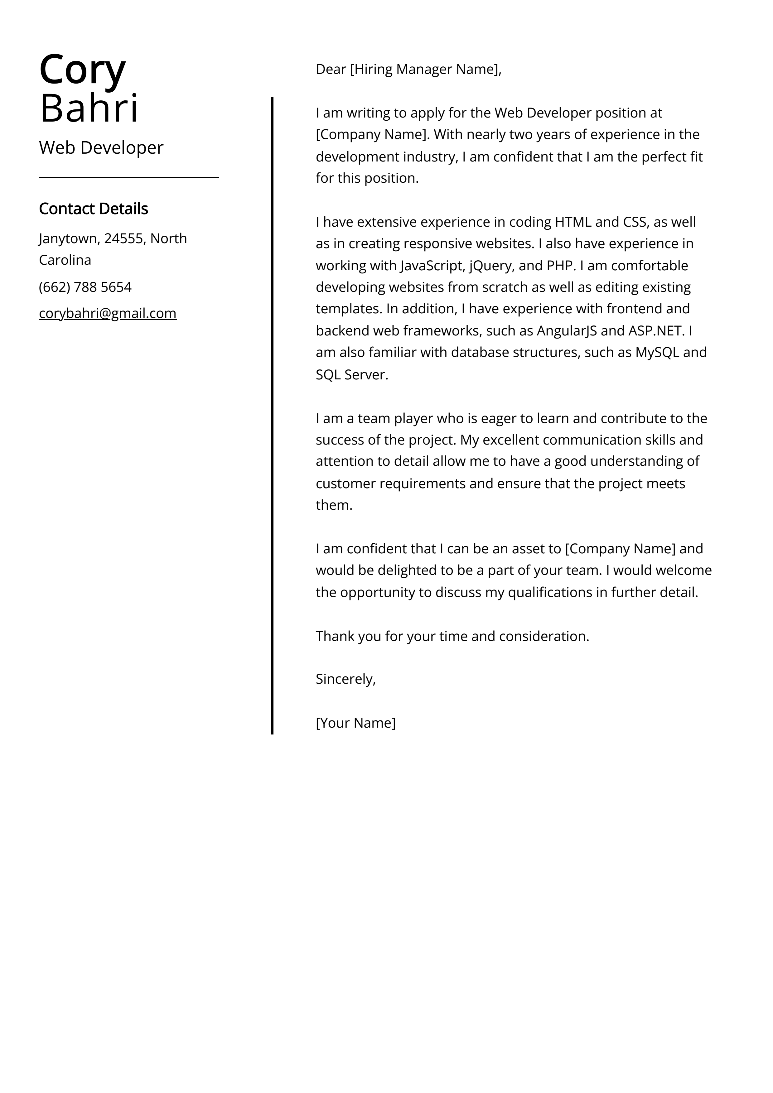 Web Developer Cover Letter Example