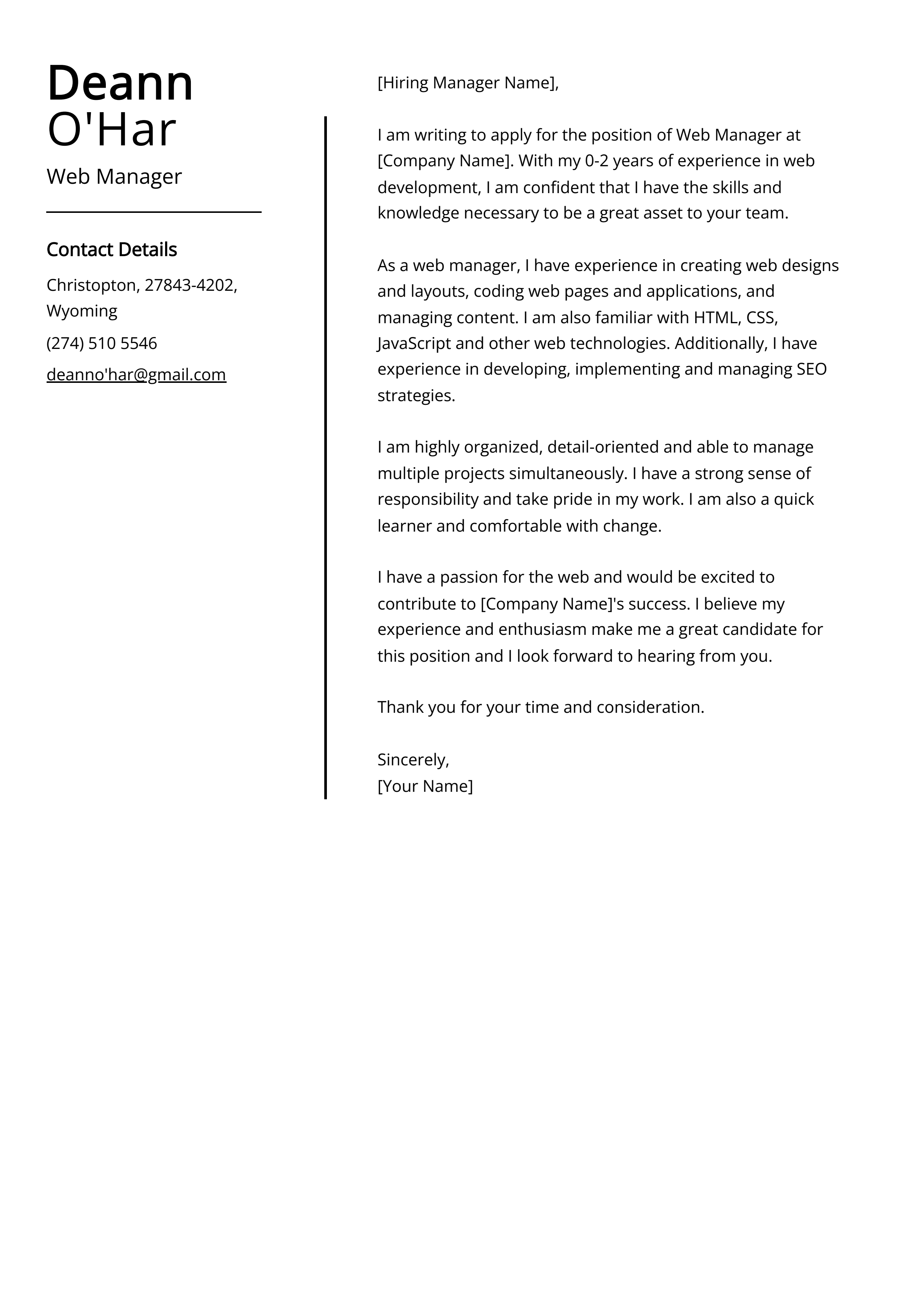 Web Manager Cover Letter Example
