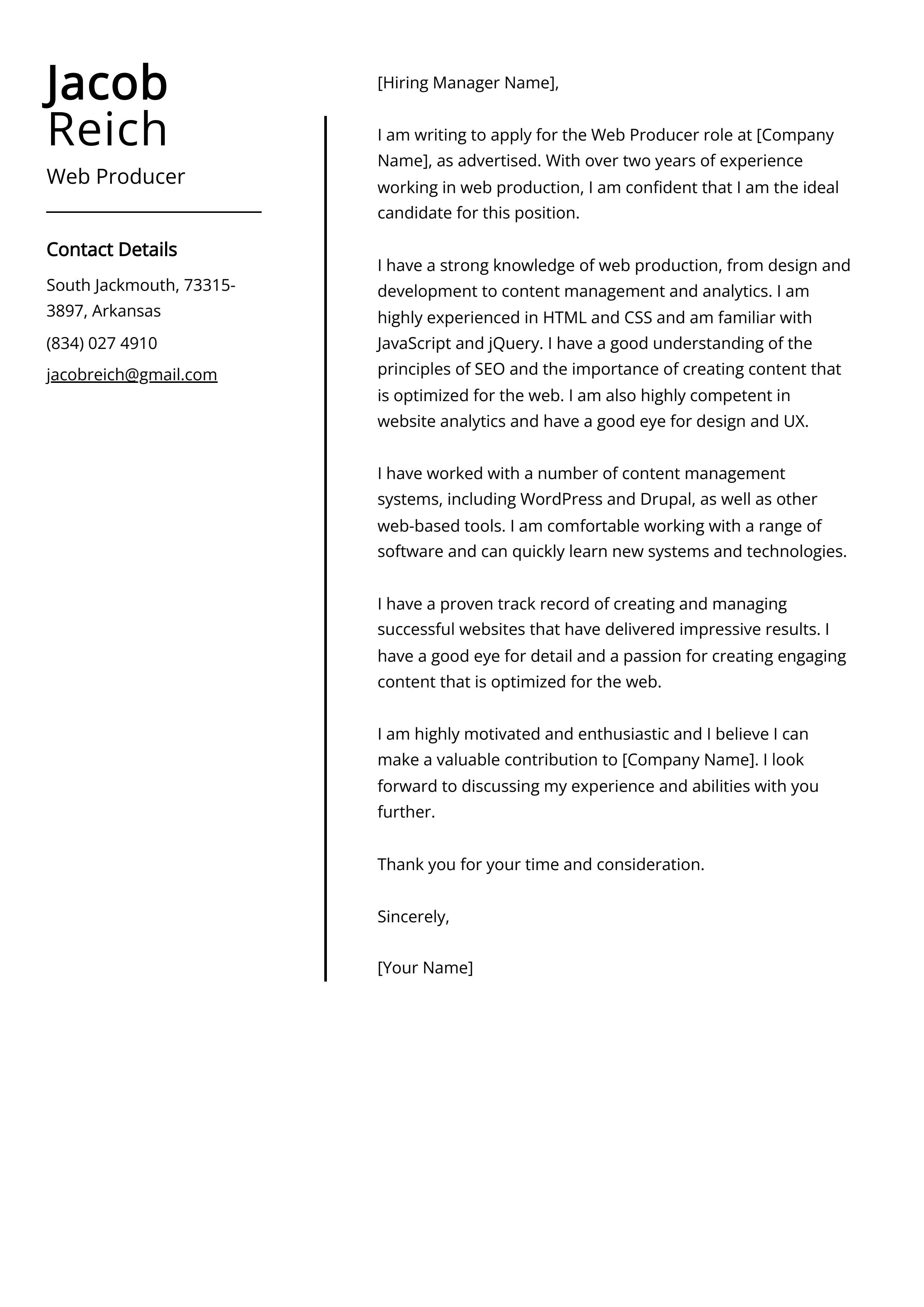 Web Producer Cover Letter Example