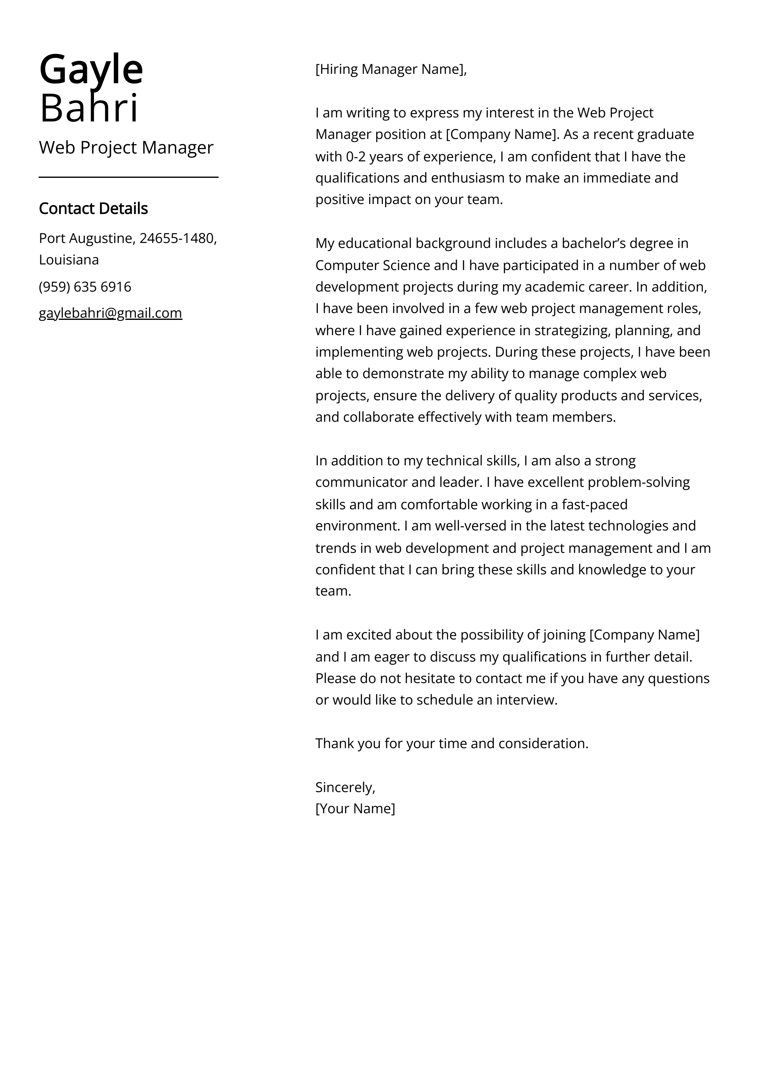 Web Project Manager Cover Letter Example