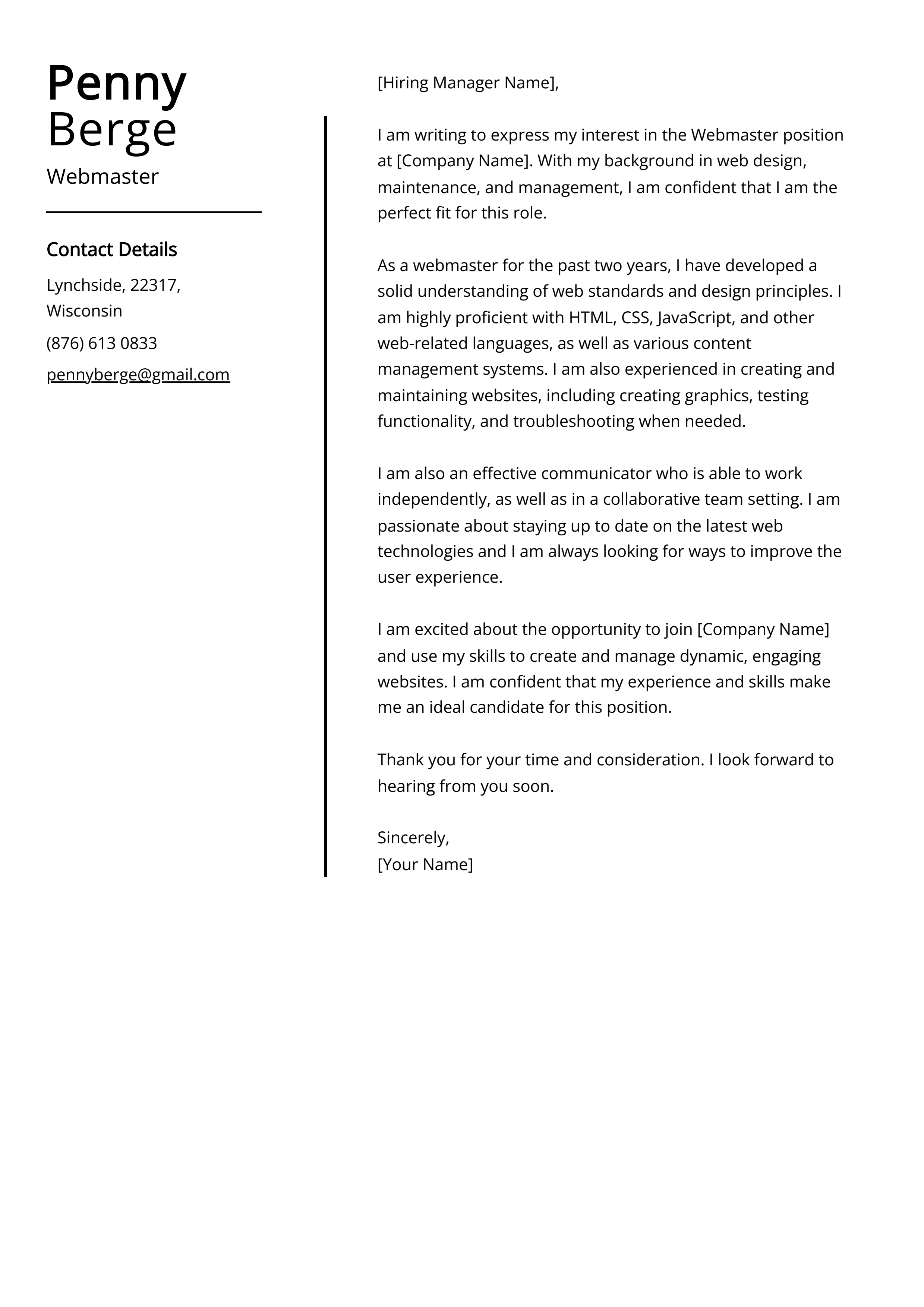 Webmaster Cover Letter Example