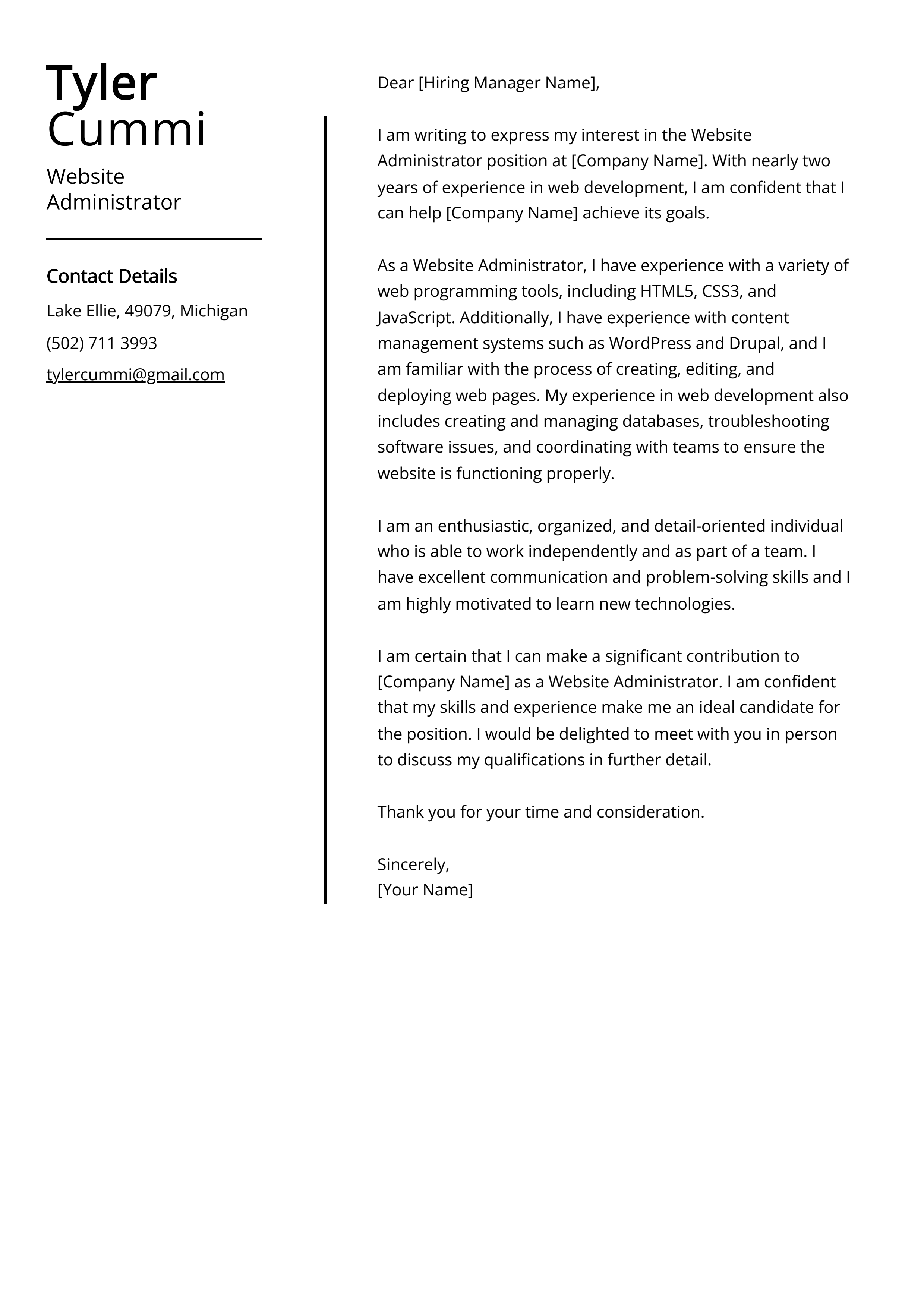 Website Administrator Cover Letter Example