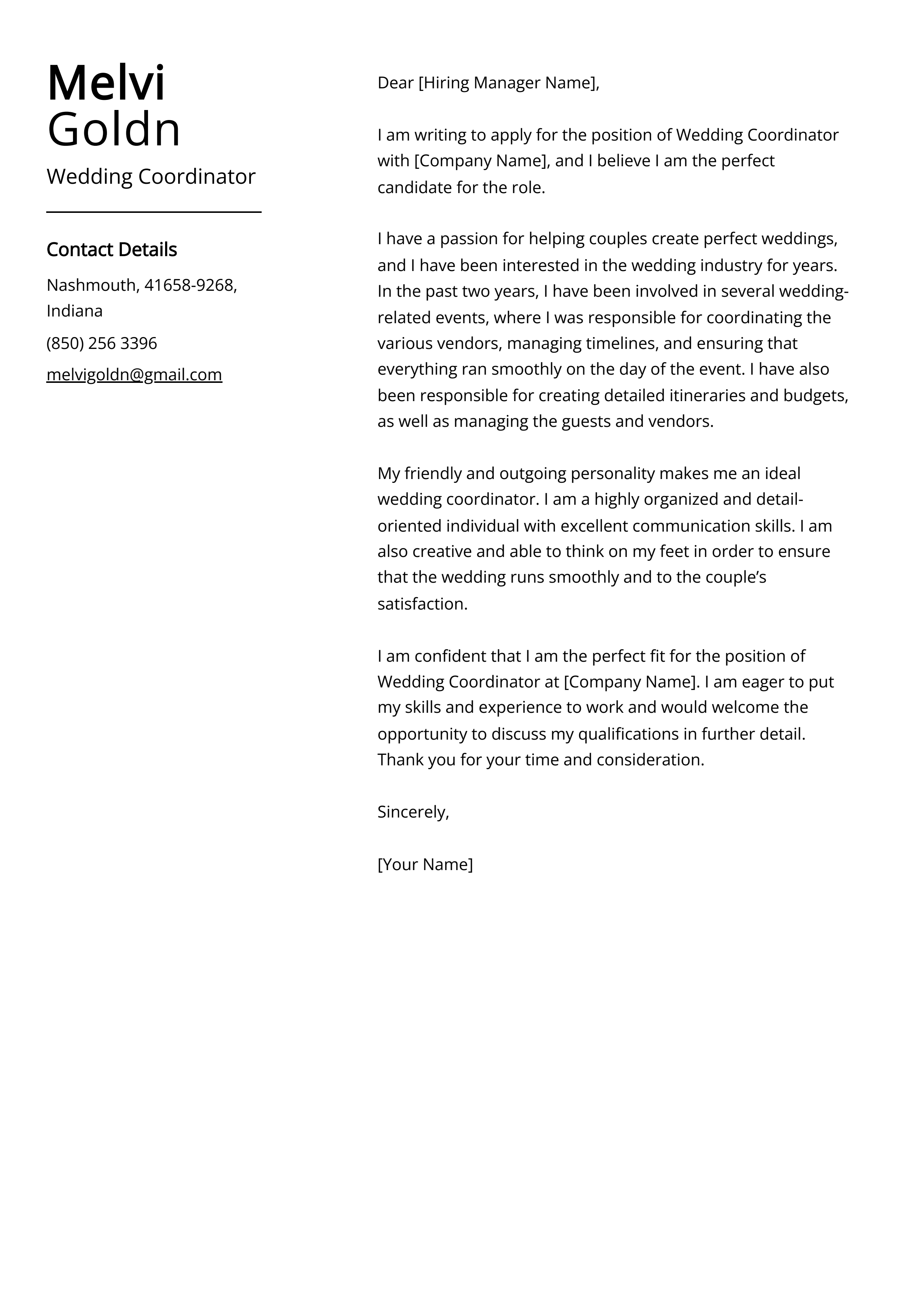 Wedding Coordinator Cover Letter Example