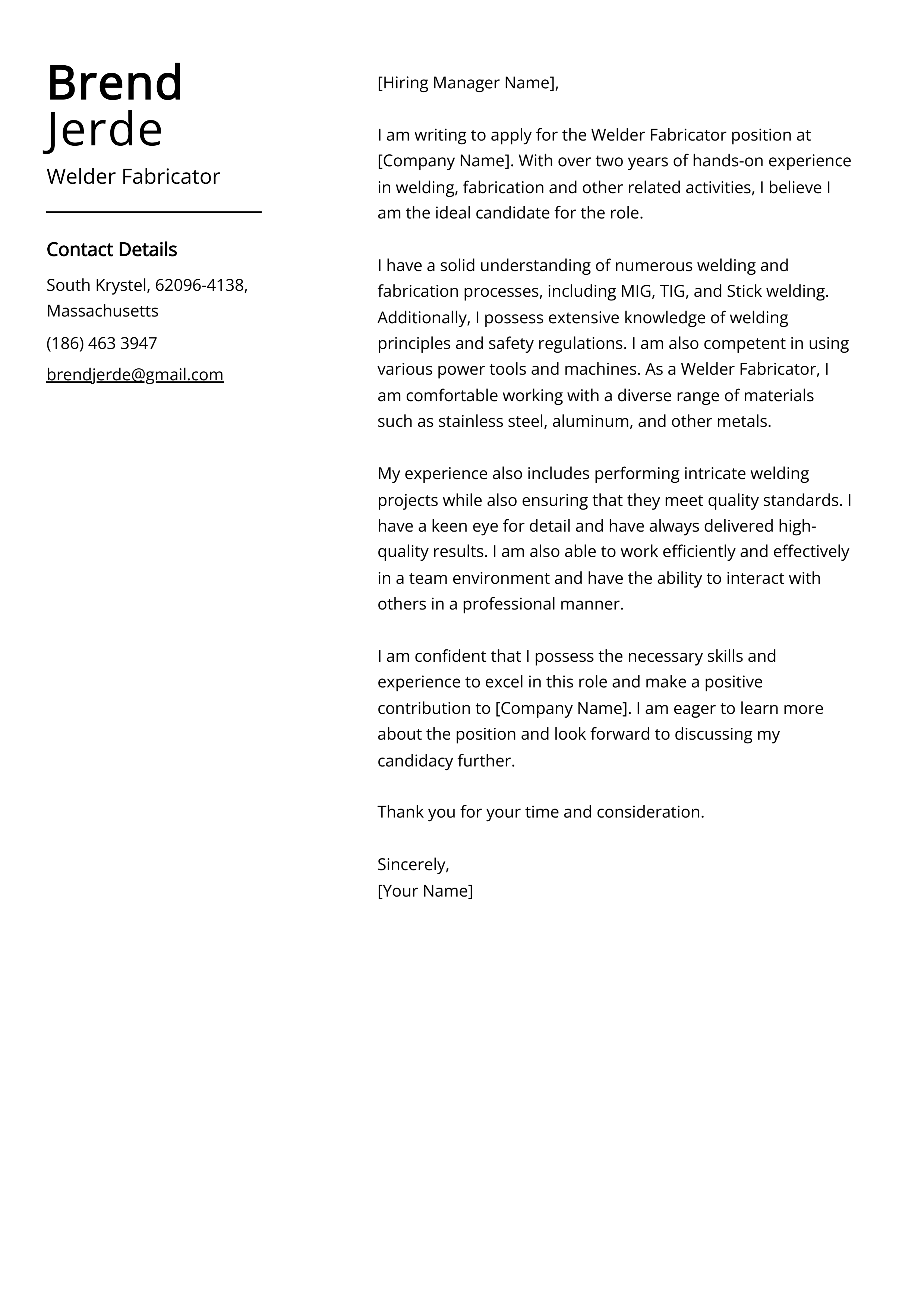 Welder Fabricator Cover Letter Example