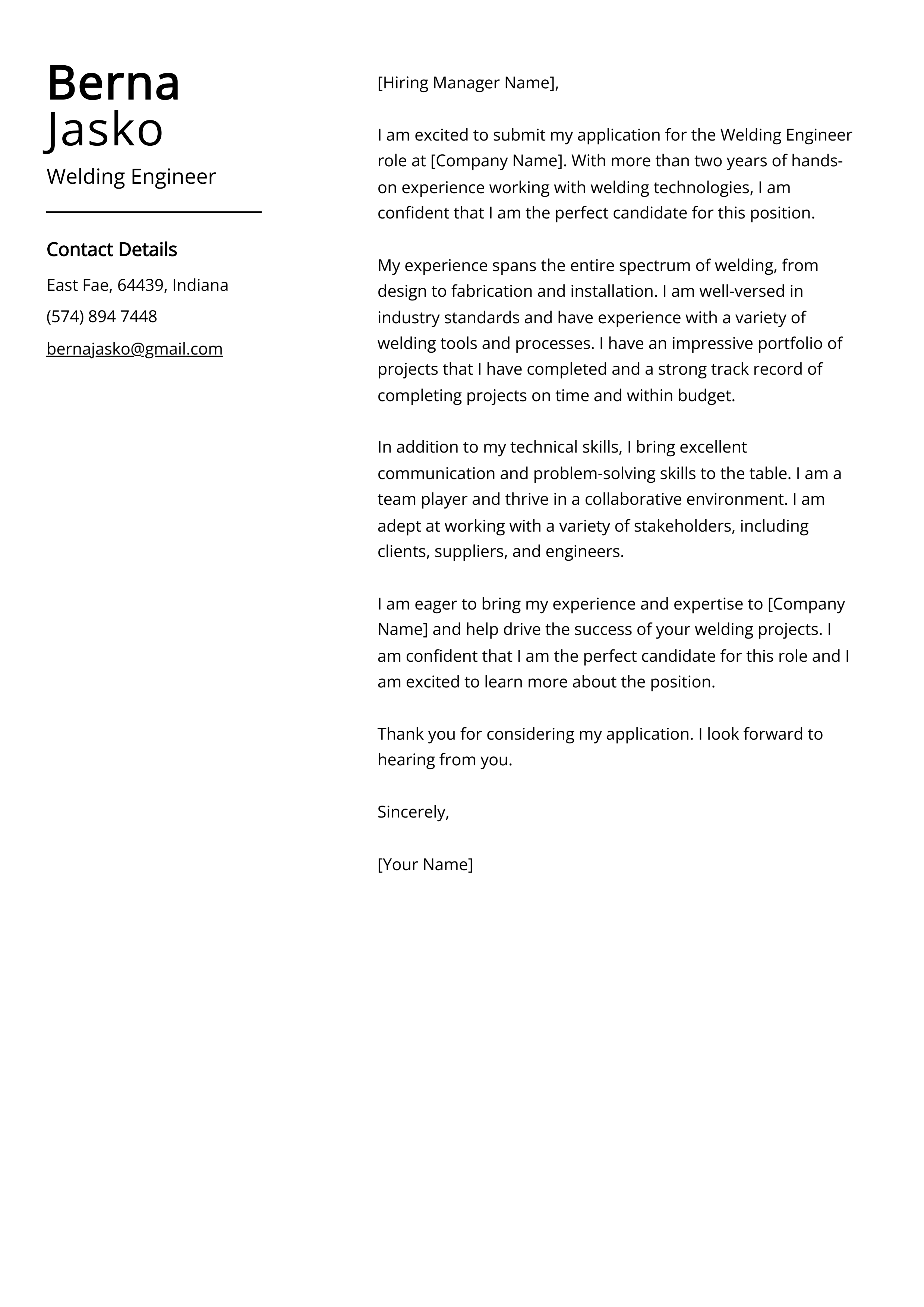 Welding Engineer Cover Letter Example