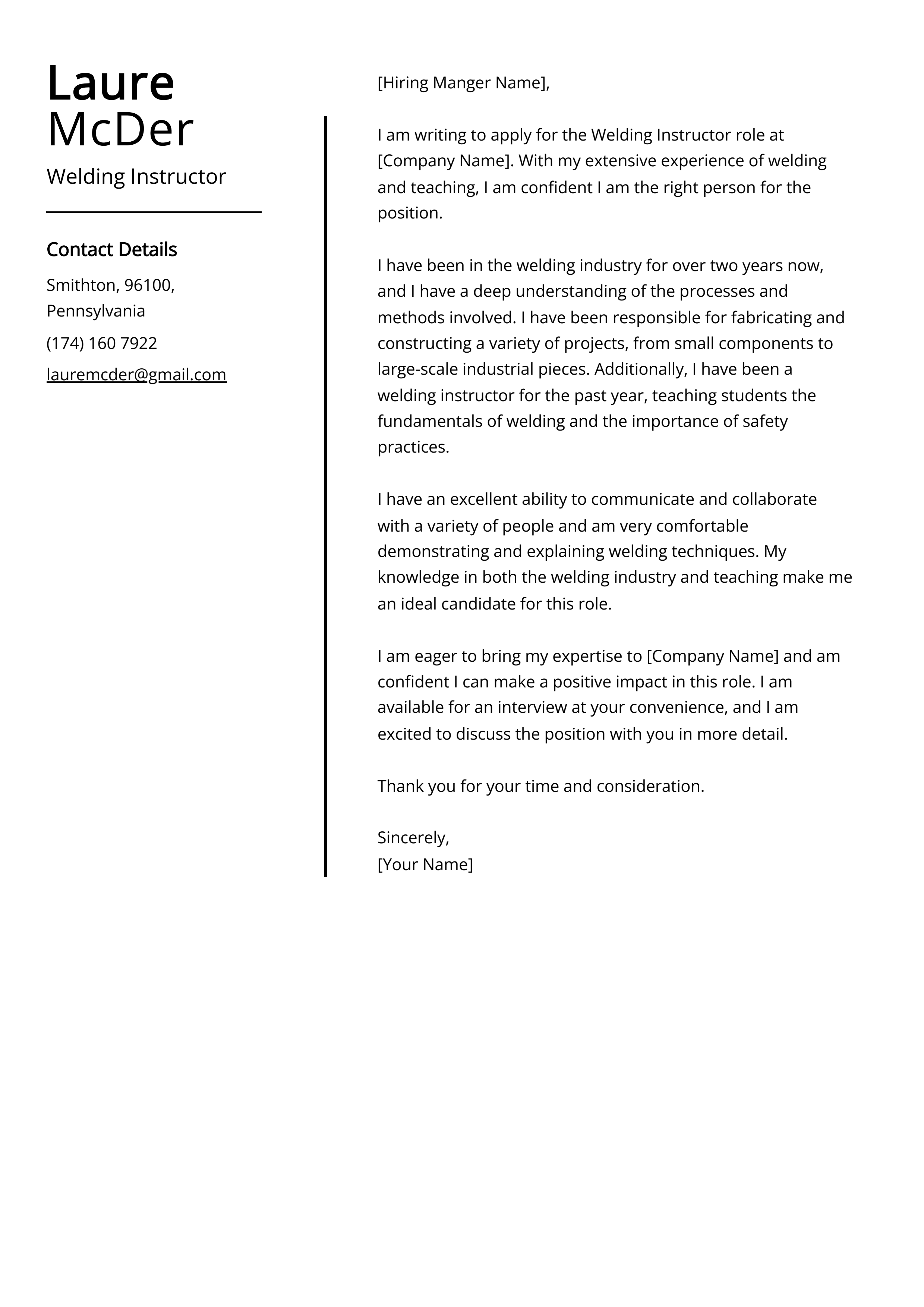 Welding Instructor Cover Letter Example