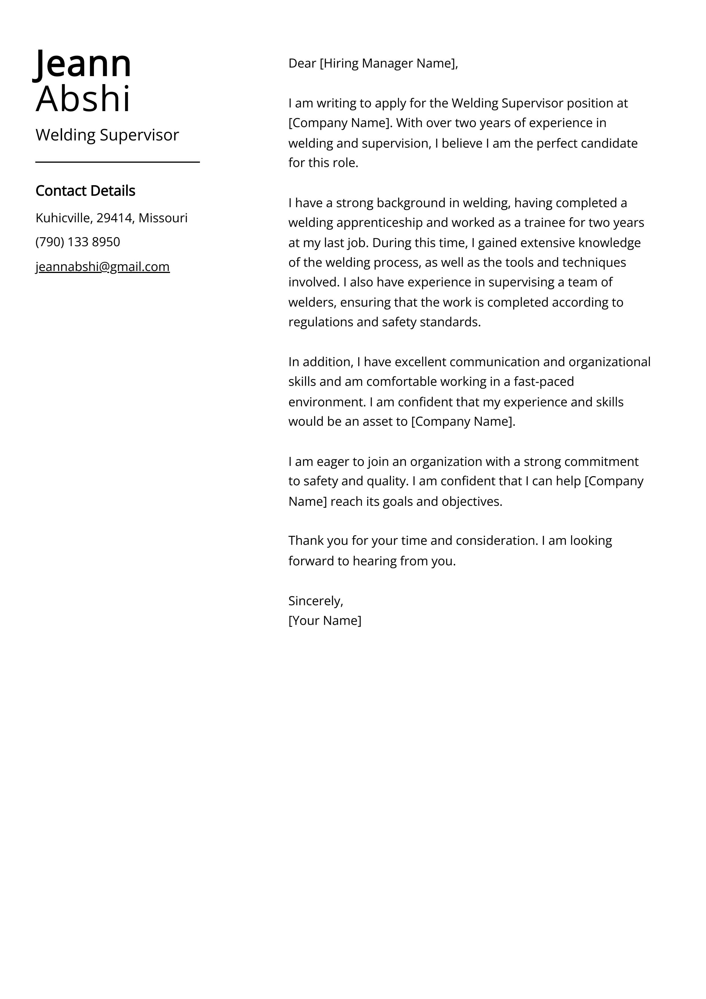 Welding Supervisor Cover Letter Example