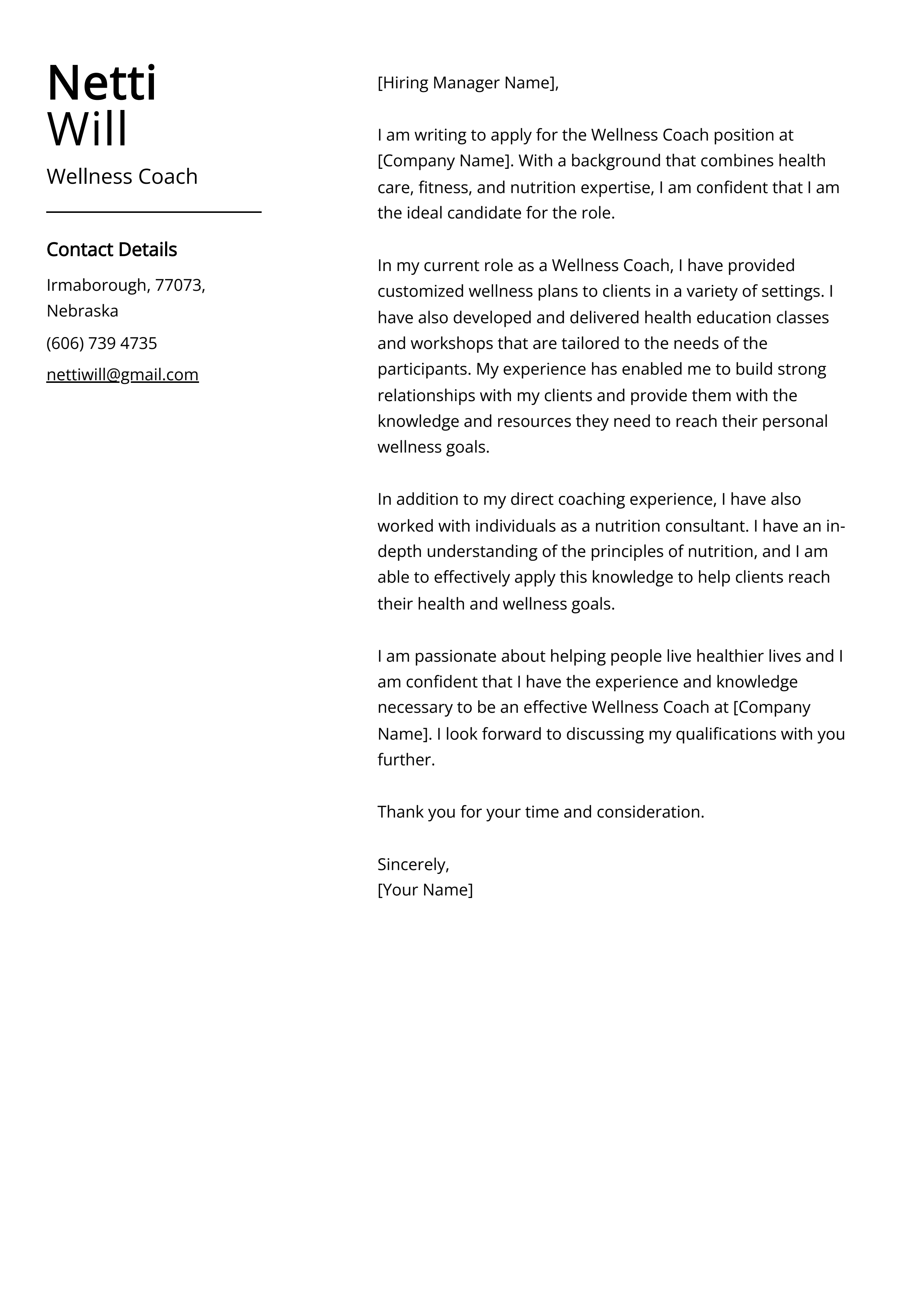 Wellness Coach Cover Letter Example
