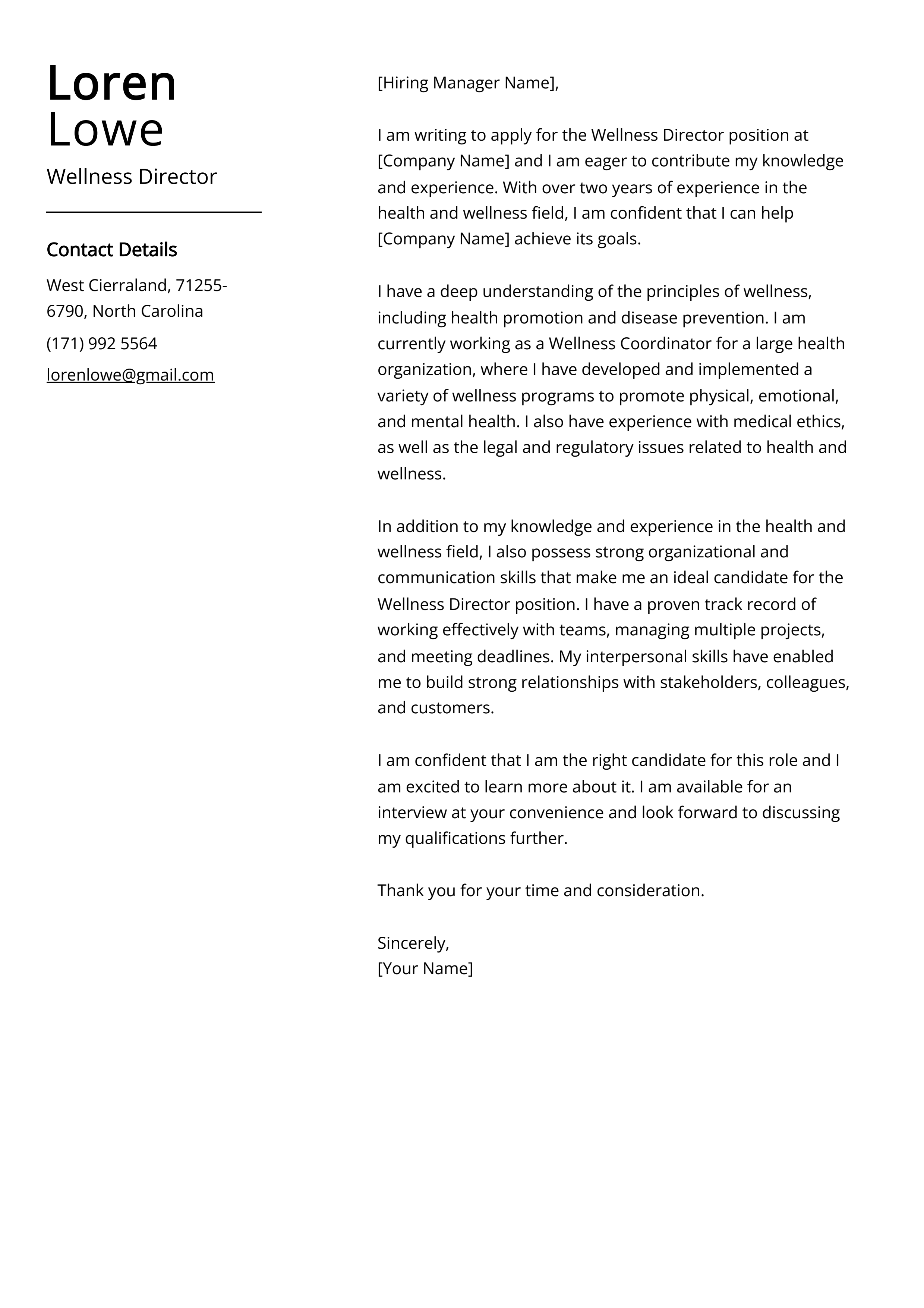 Wellness Director Cover Letter Example