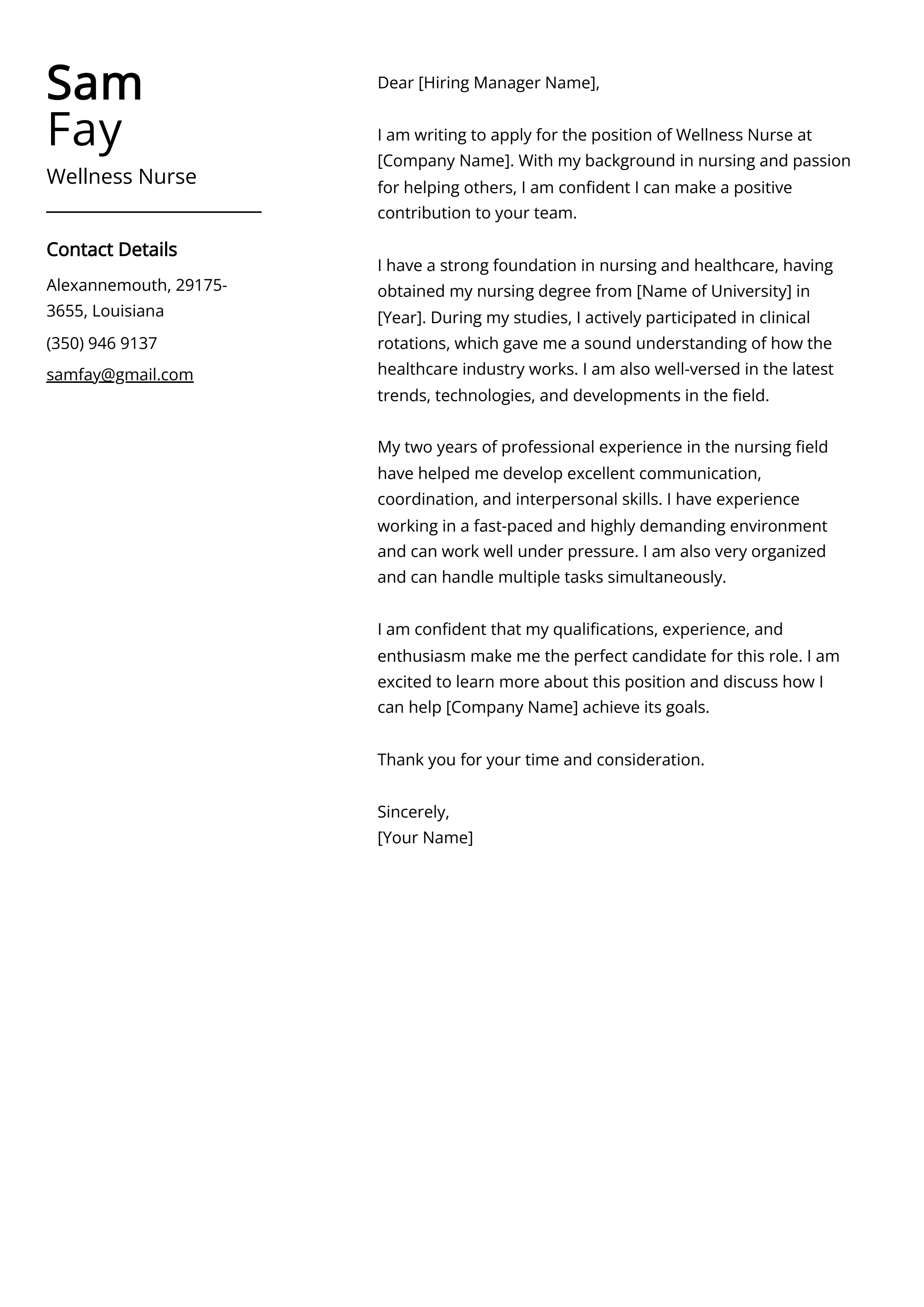Wellness Nurse Cover Letter Example