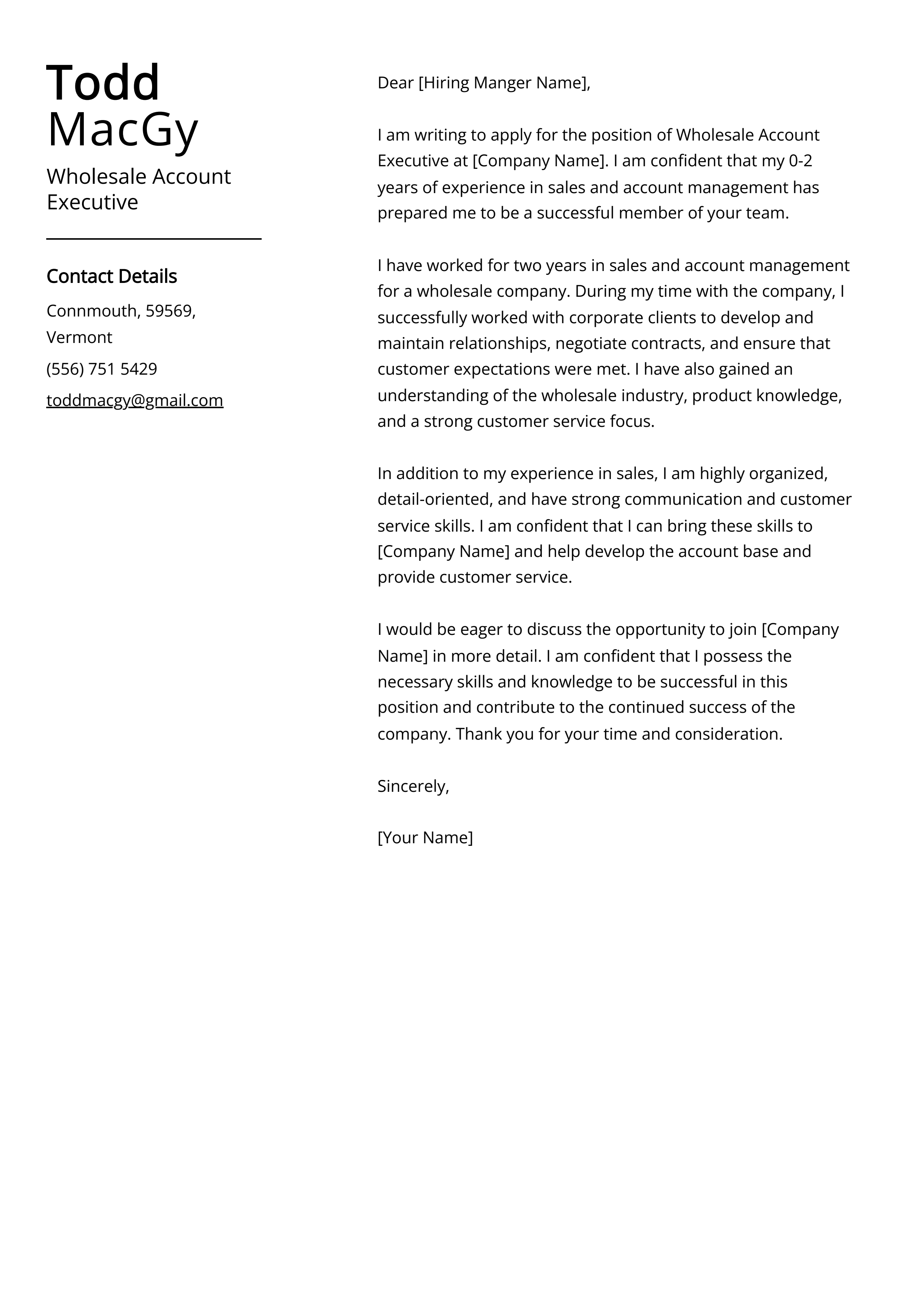 Wholesale Account Executive Cover Letter Example