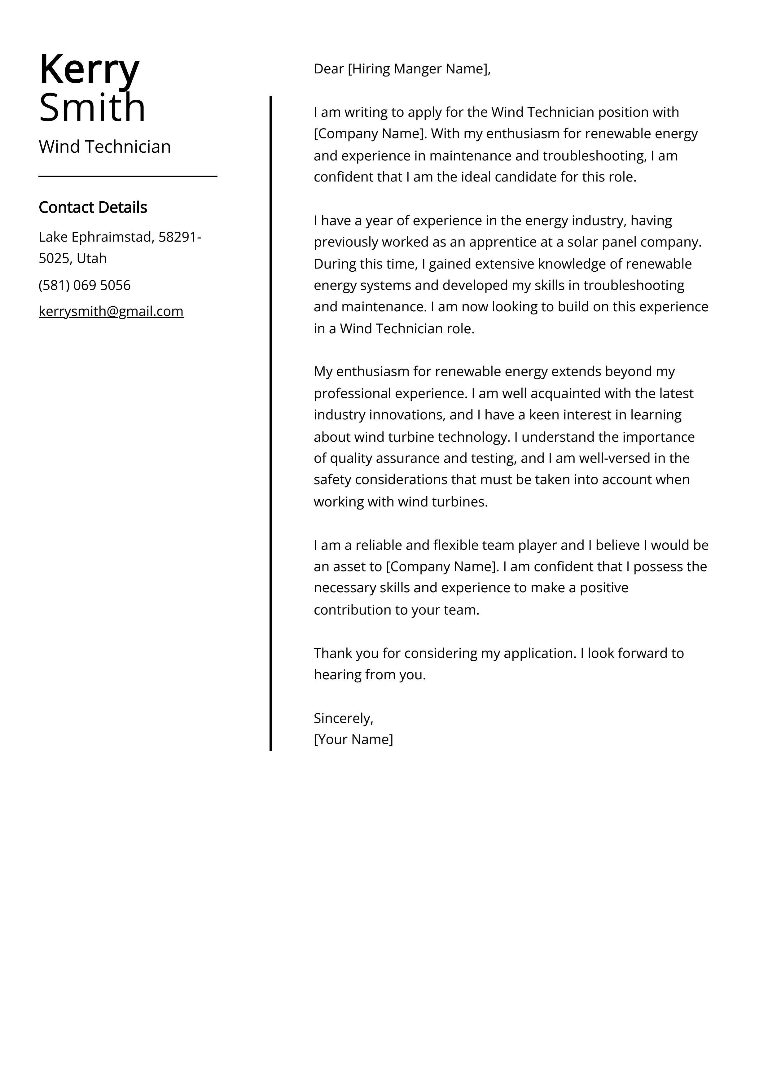 Wind Technician Cover Letter Example