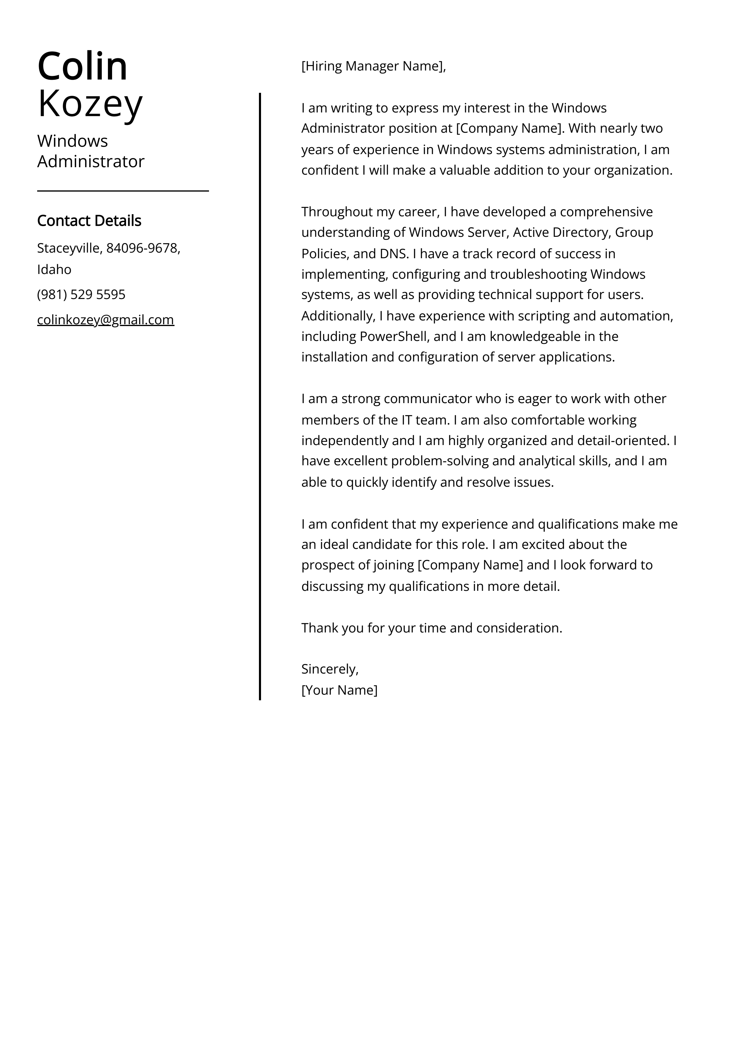Windows Administrator Cover Letter Example