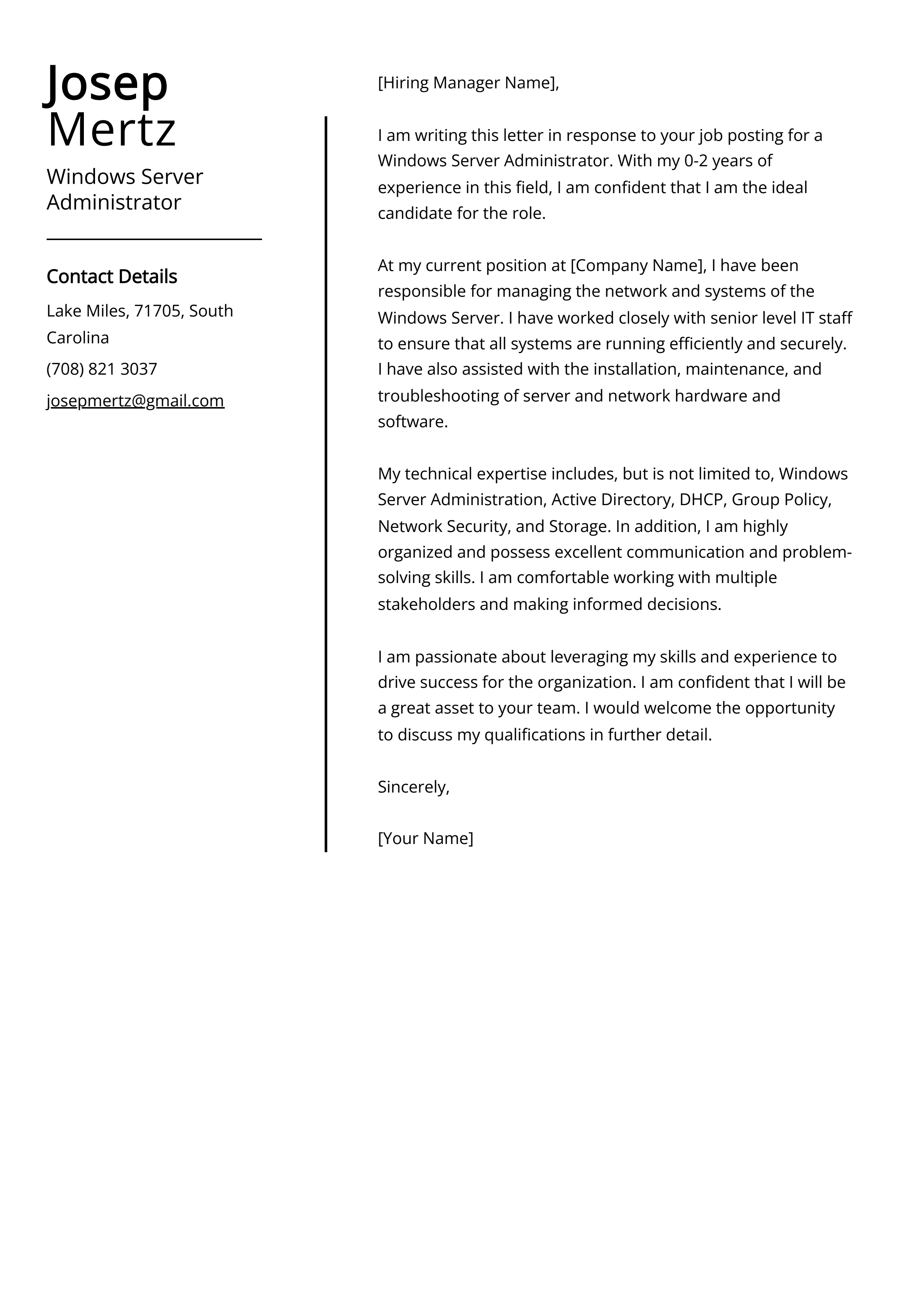 Windows Server Administrator Cover Letter Example