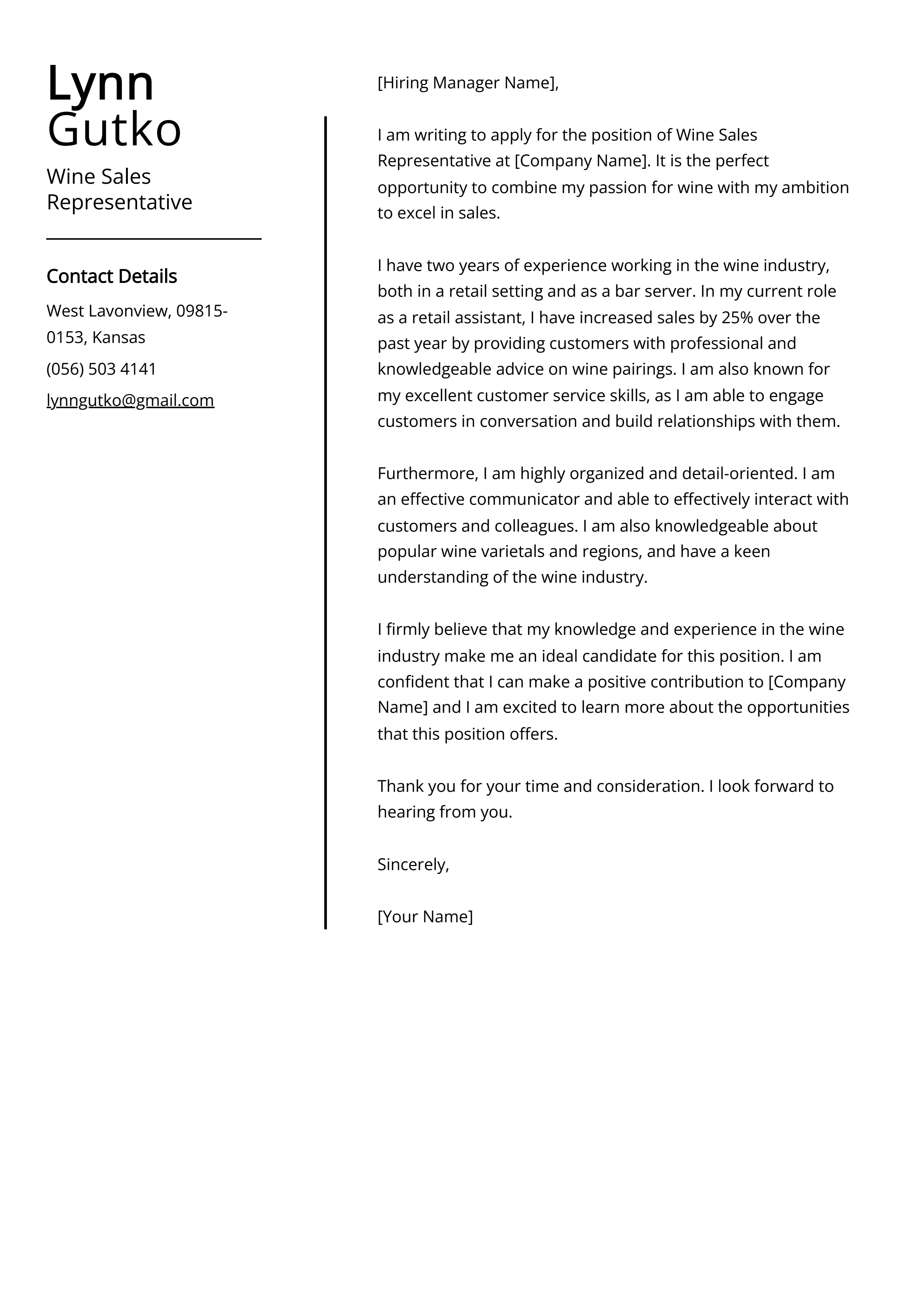 Wine Sales Representative Cover Letter Example