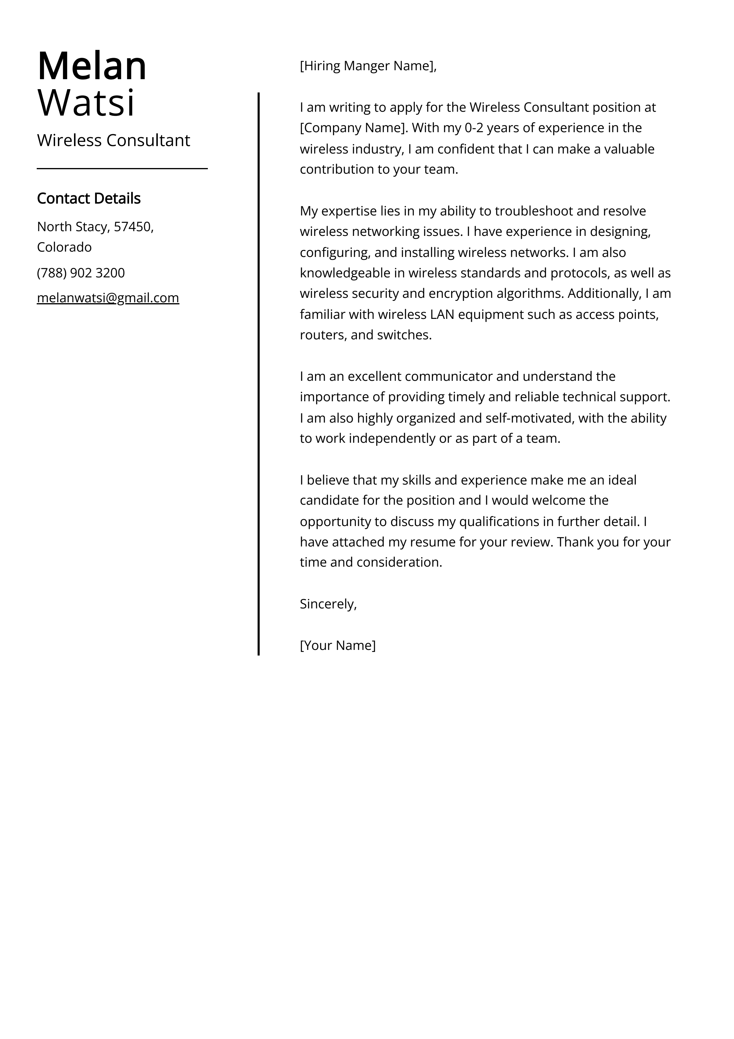 Wireless Consultant Cover Letter Example