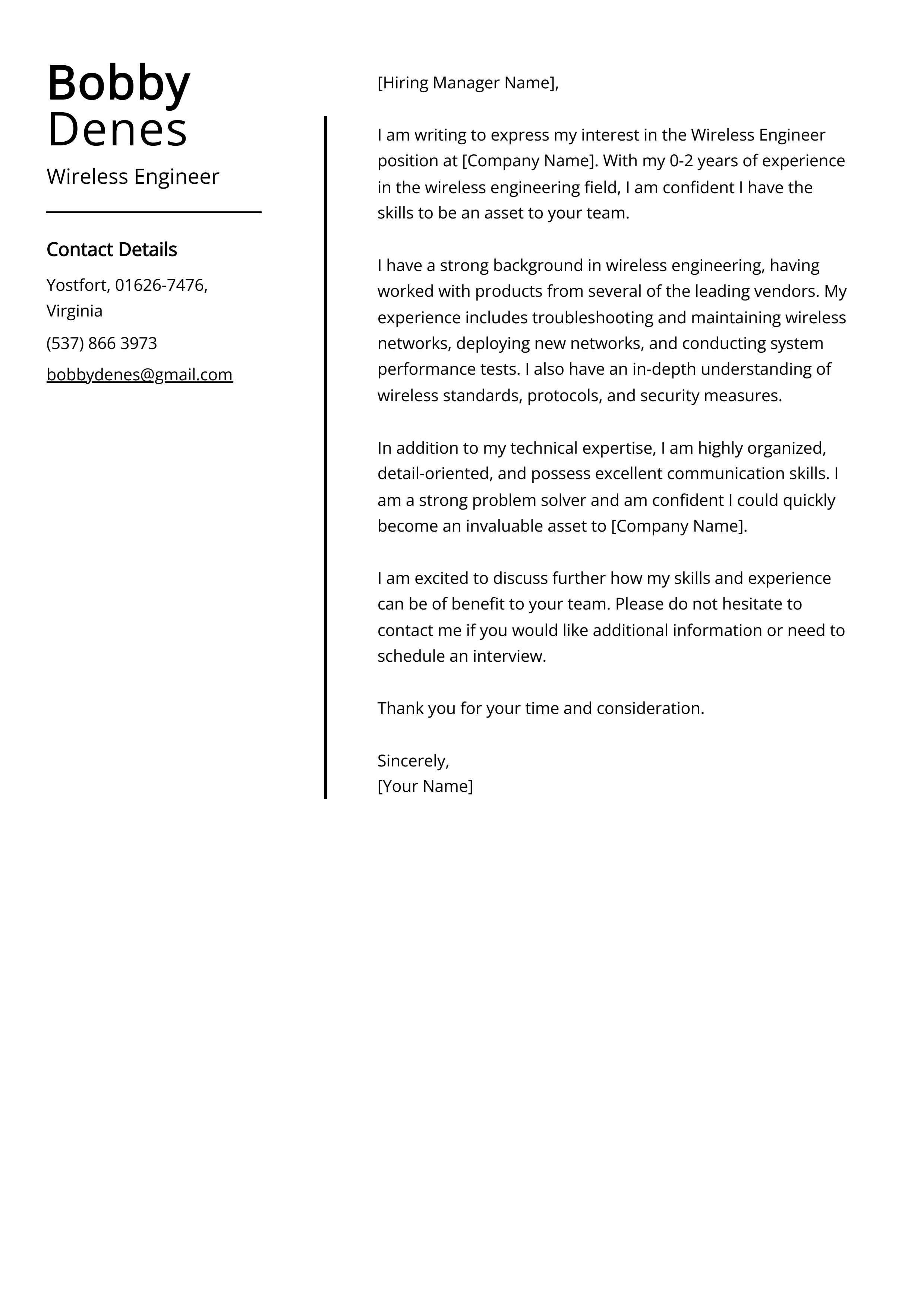 Wireless Engineer Cover Letter Example