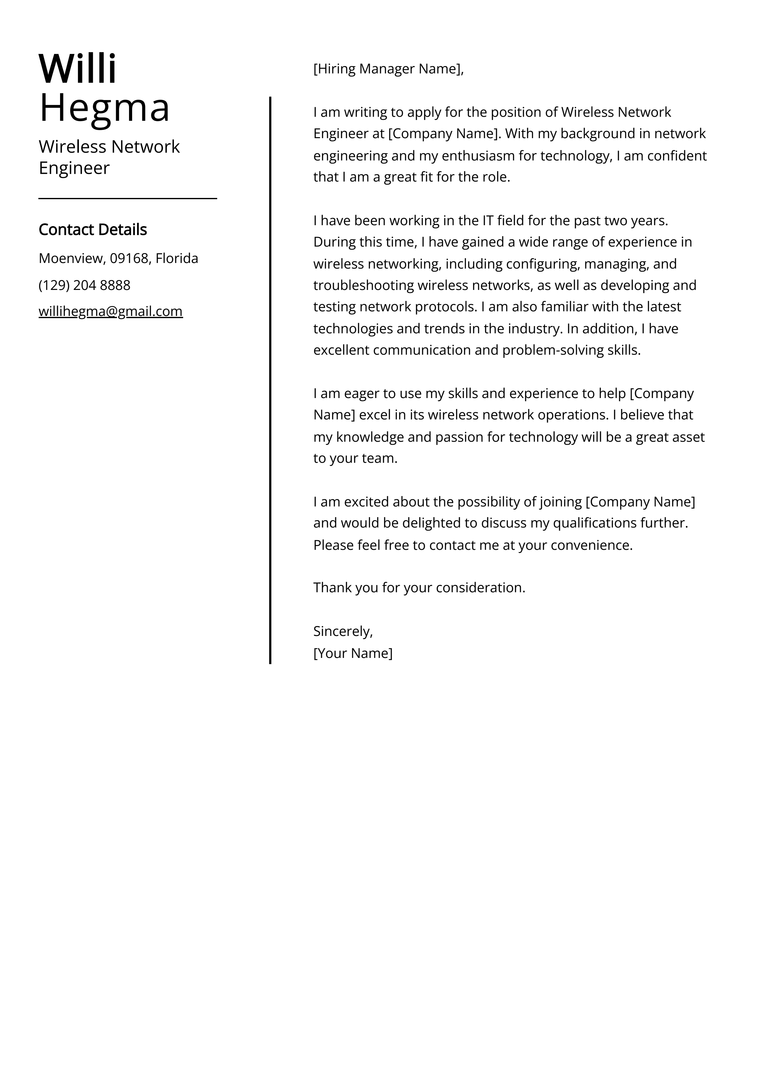 Wireless Network Engineer Cover Letter Example