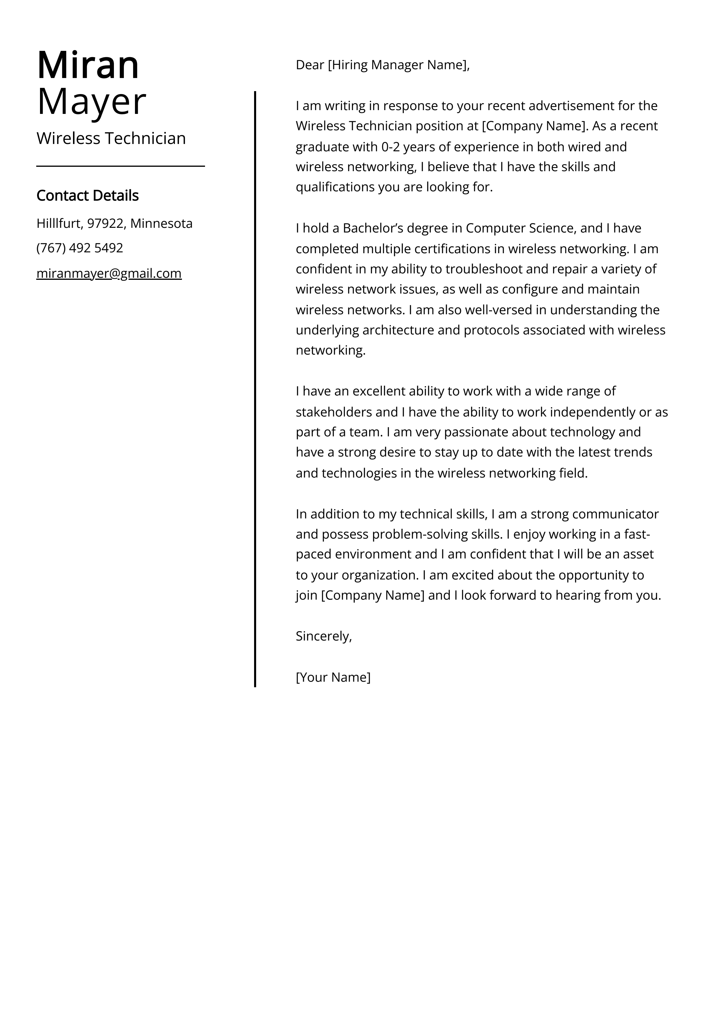 Wireless Technician Cover Letter Example