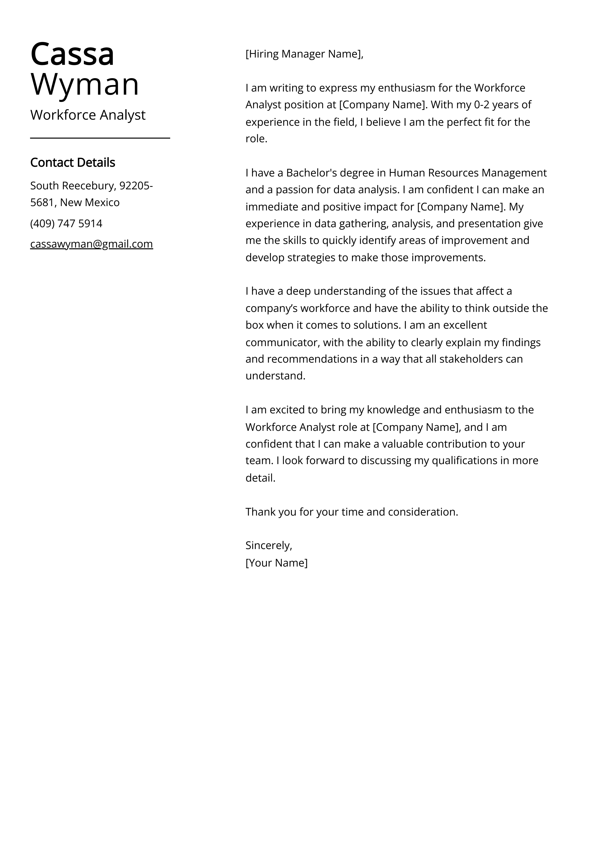 Workforce Analyst Cover Letter Example