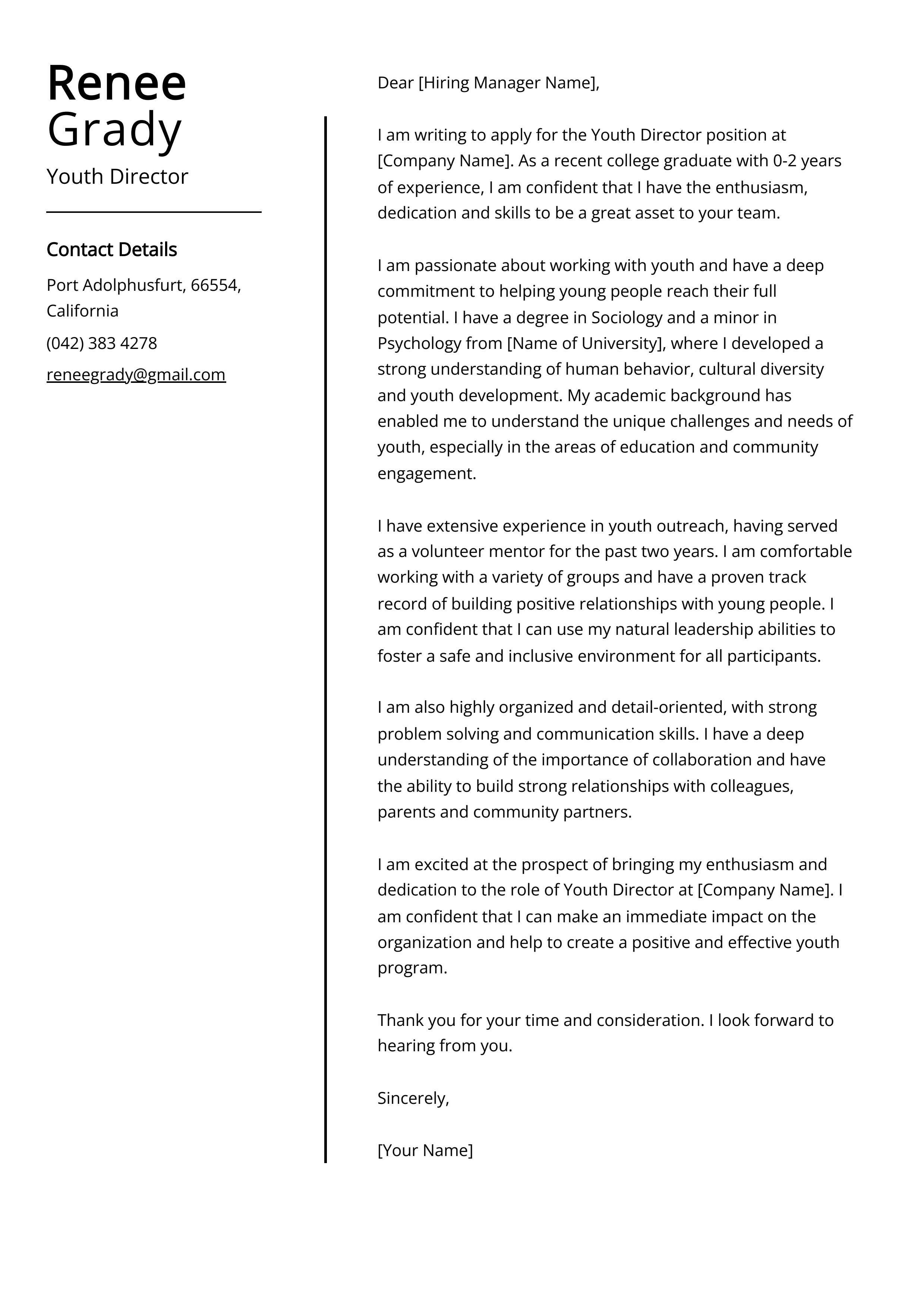 Youth Director Cover Letter Example