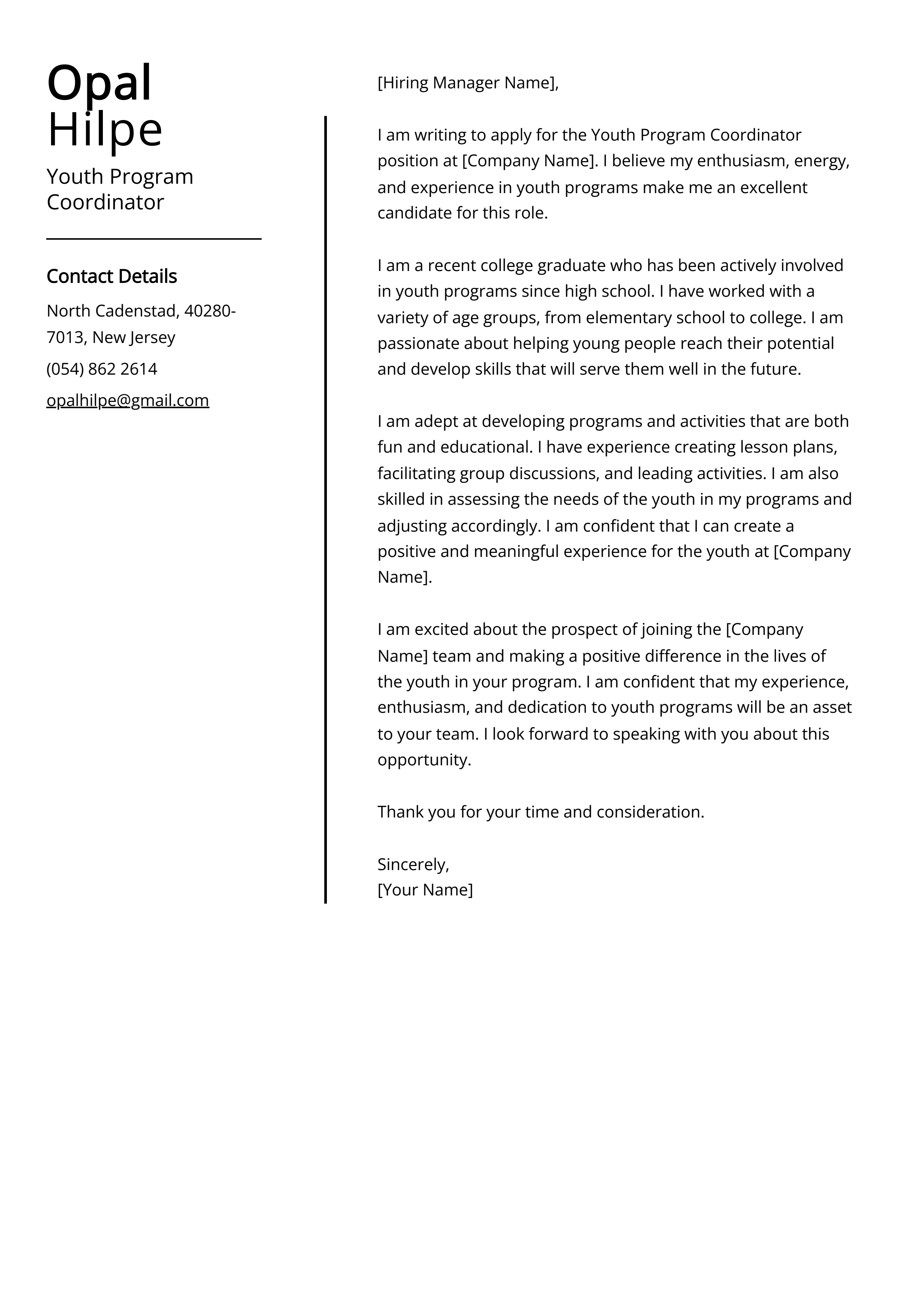 Youth Program Coordinator Cover Letter Example