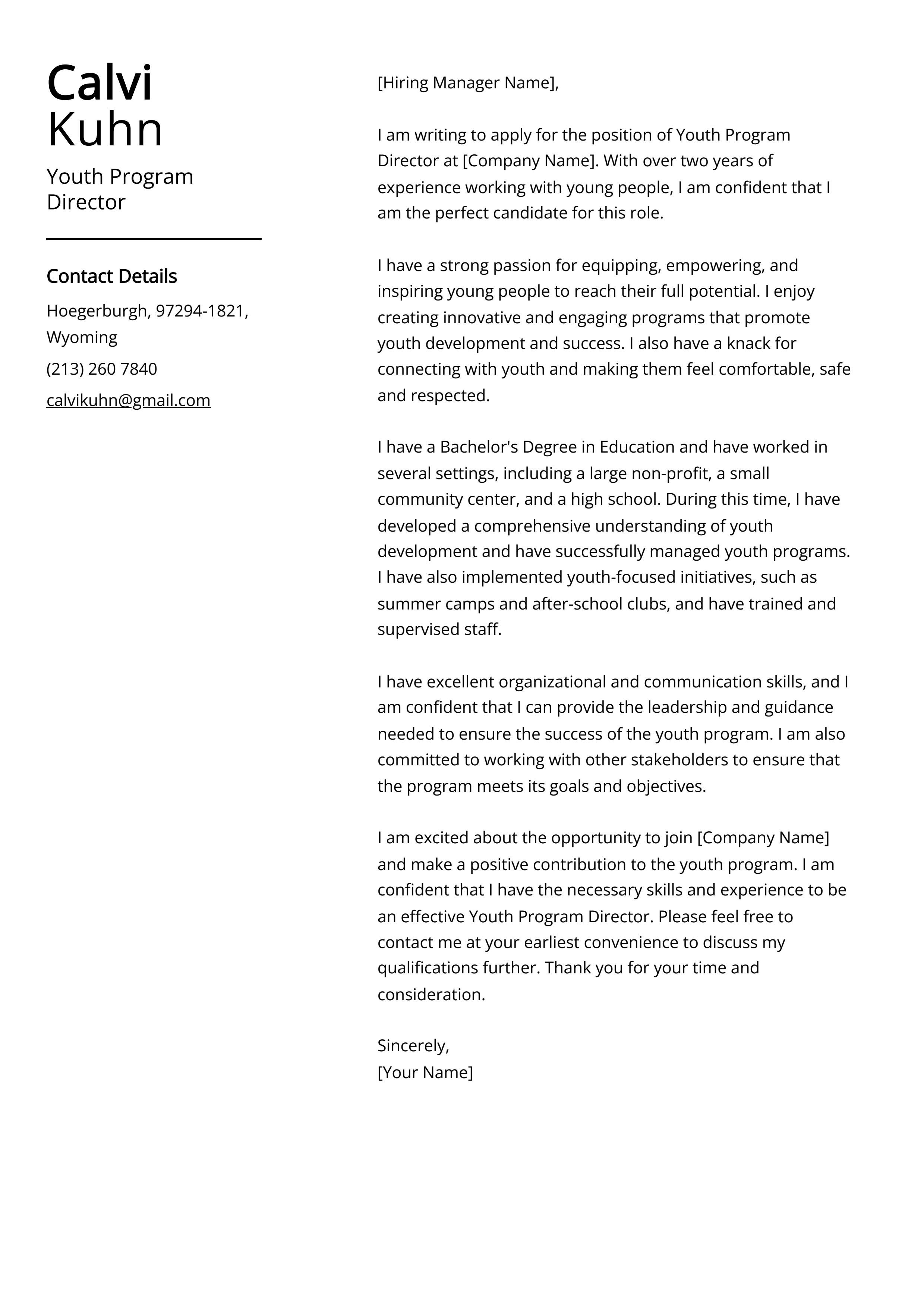 Youth Program Director Cover Letter Example