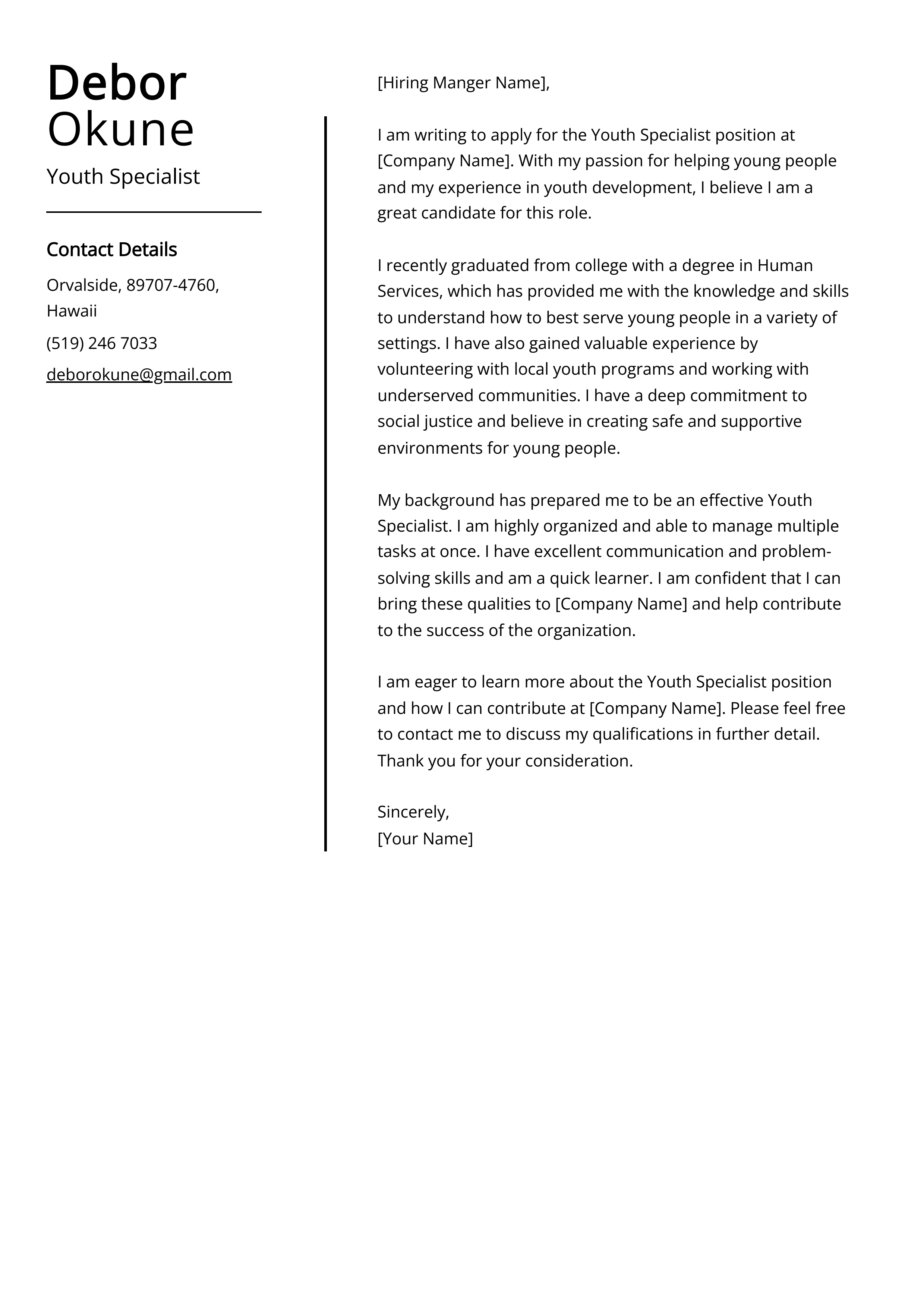 Youth Specialist Cover Letter Example