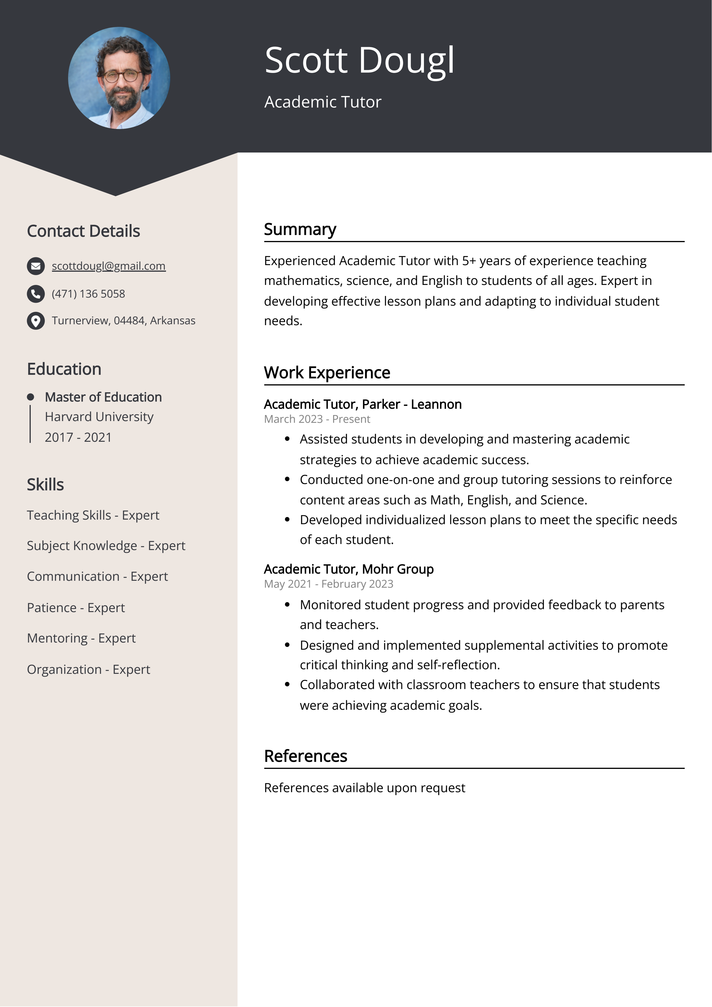 Academic Tutor CV Example