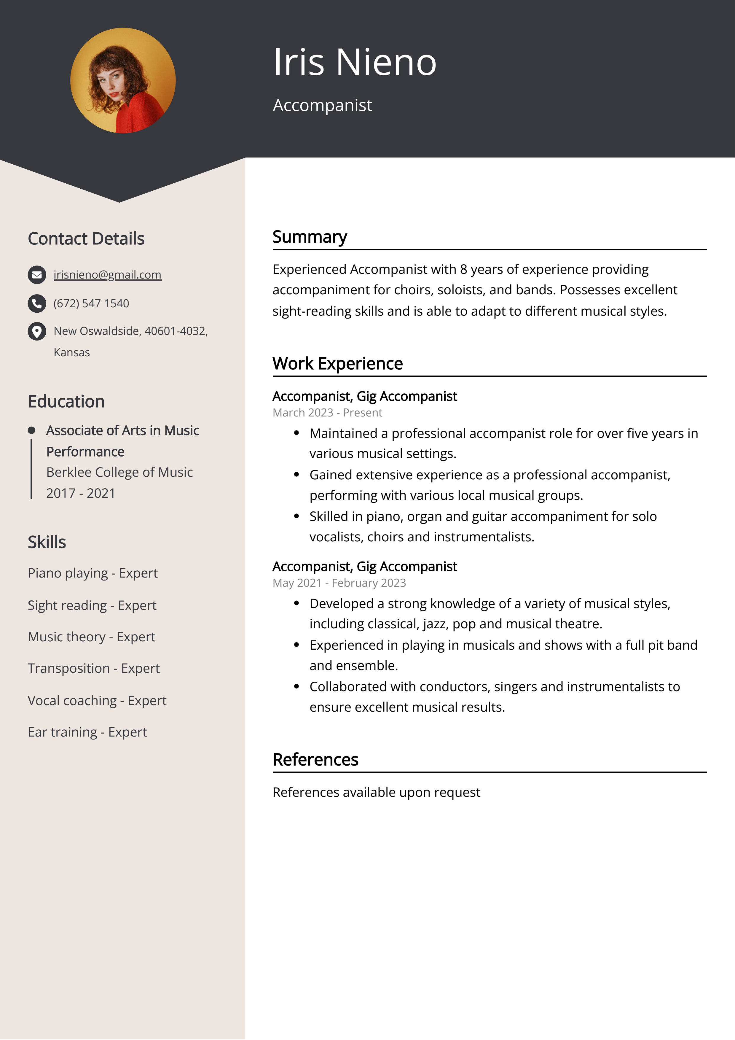 Accompanist CV Example For 2024
