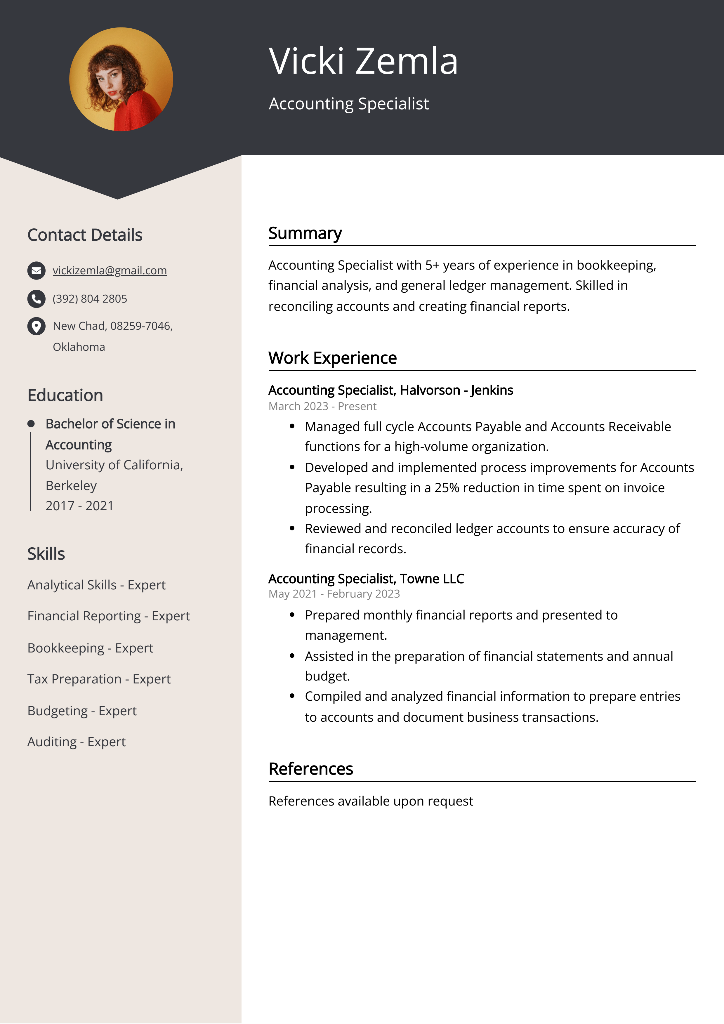 Accounting Specialist CV Example