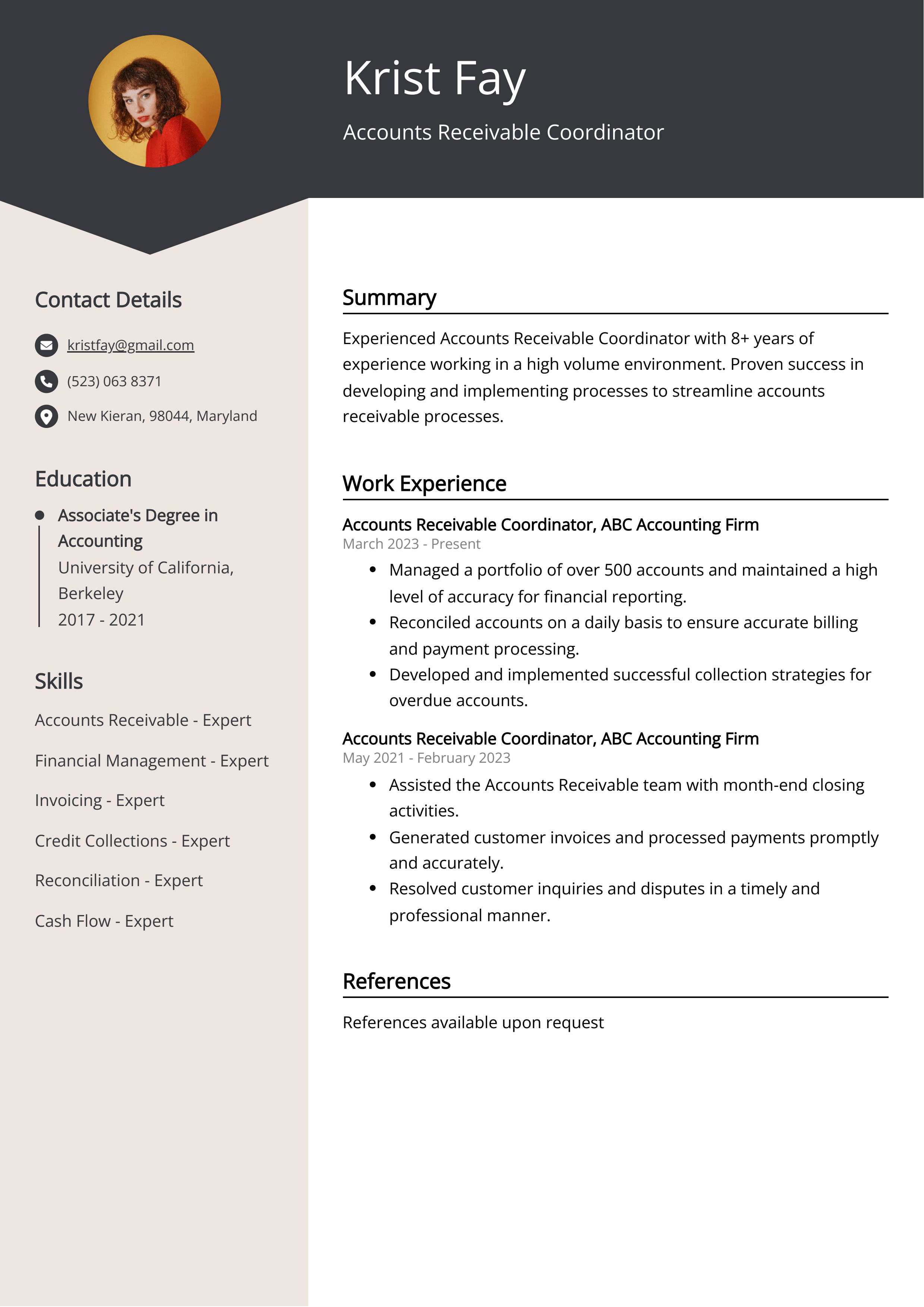 Accounts Receivable Coordinator CV Example